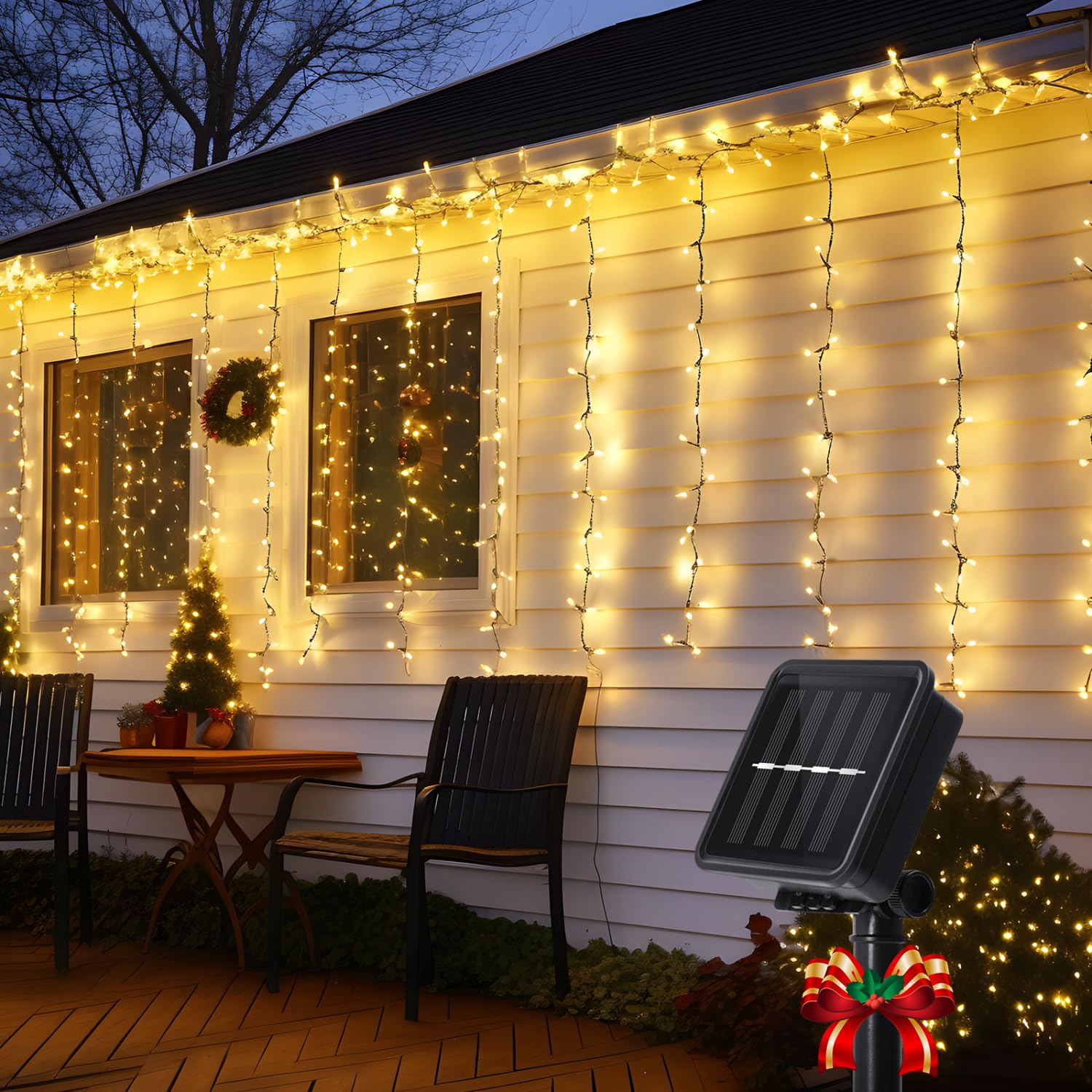 Aigostar Cortina de Luces Solar, 1m×1m 100LED Guirnalda Luces Navidad Exterior y Interior, 8 Modos Luces de Cadena de Cortina, IP65 Impermeable Cadena de Luces para Jardín, Habitacion (Blanco Cálido)