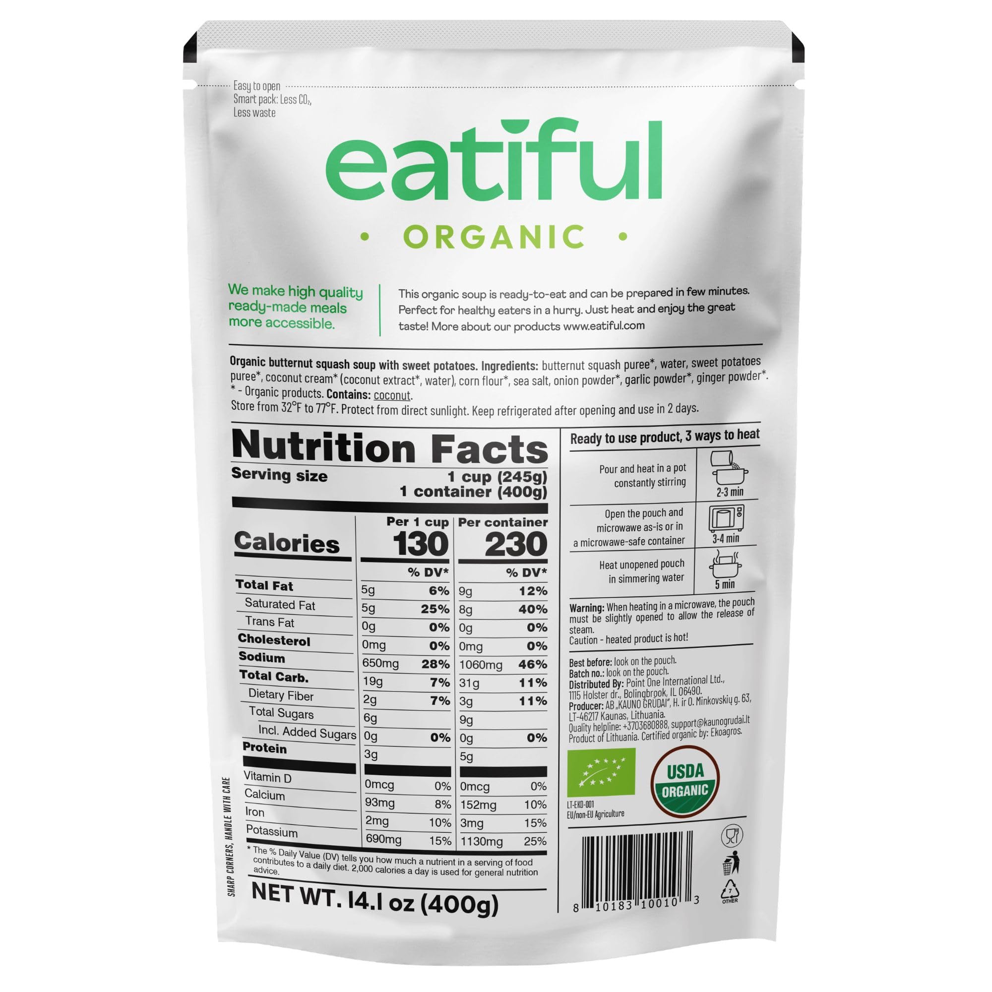 EATIFUL Sopa de Calabaza Moscada, Deliciosa Sopa de Calabaza Moscada Lista Para Comer con Boniatos, Elaborada con Verduras Ecológicas, de Origen Vegetal, sin Gluten y OMG, 400g (Paquete De 1)