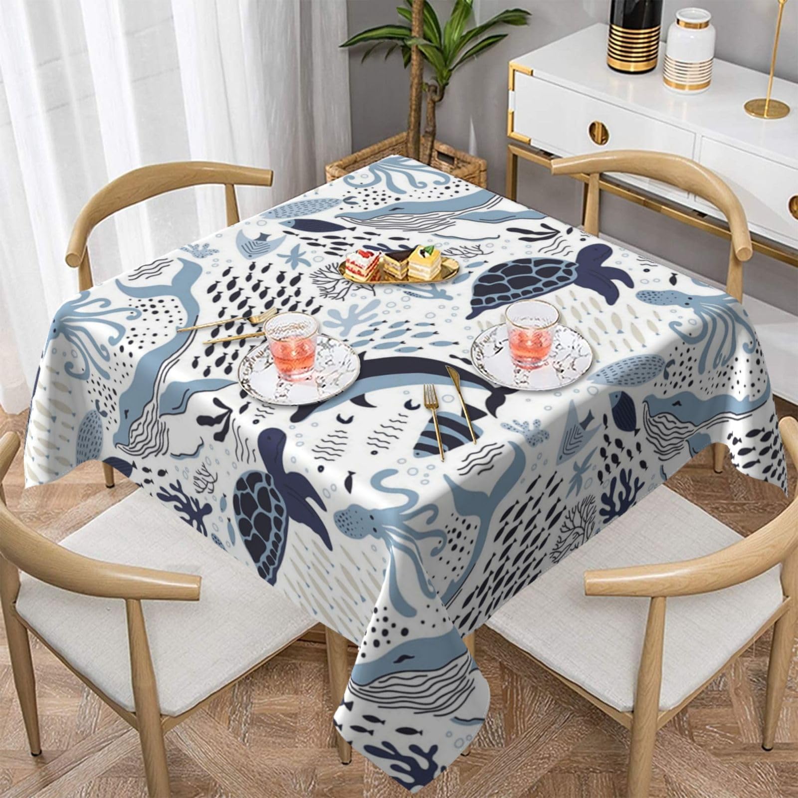 DCEHGEW Turtle Octopus Pattern Prints Square Tablecloth 152x152 CM, Waterproof Fabric Table Cloth for Dining Table, Farmhouse Table Cover for Kitchen Dining Tabletop Decoration