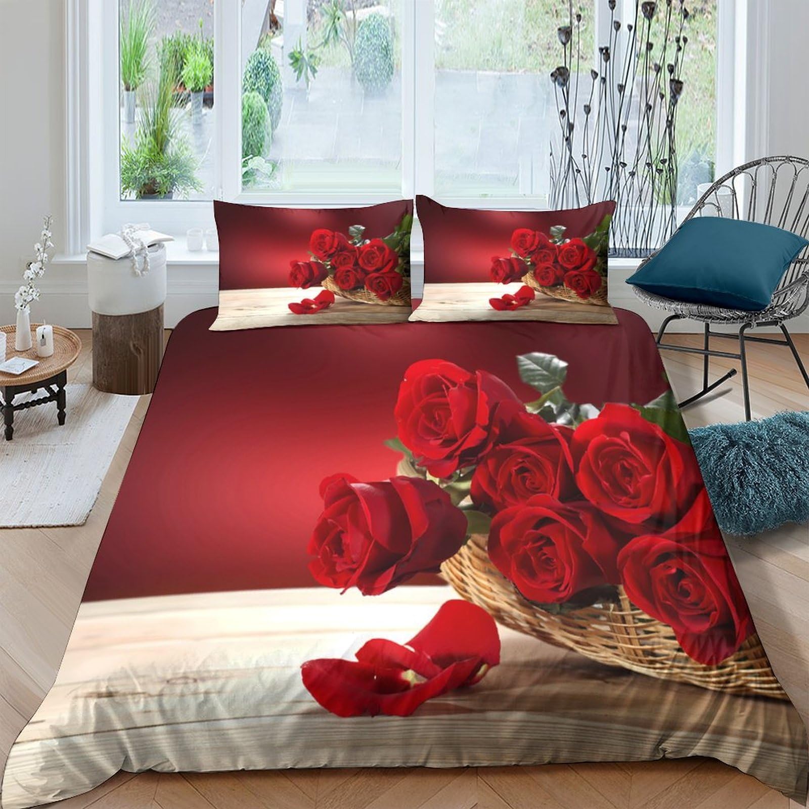 Ctjqhvkz Style-3 3D Printed Red Rose Bouquet Fitted Sheet Microfiber Soft Romantic Petals Bed Cover For Bedroom Guest Room Decor Single（135X200cm）