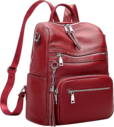 Miniatura 2 de ALTOSY Mochila Monedero de Cuero Genuino para Mujeres Bolso de Hombro Grande con Compartimento para Laptop Múltiples Bolsillos, Rojo vino, Mochilas