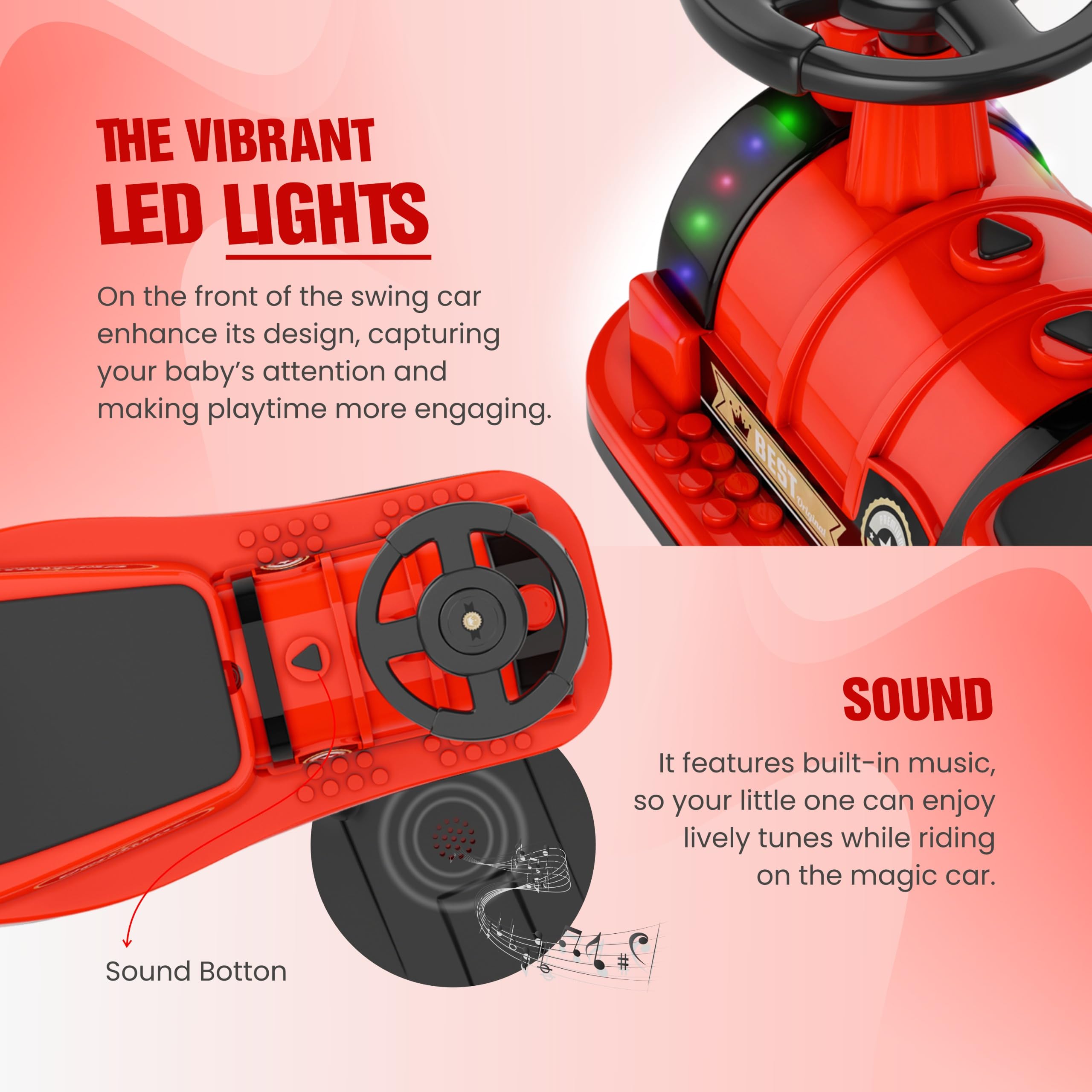 kidsROAR Panda Car for Kids Train Shape - Push Car Magic Swing Fun Musical Rider with Lighting Silicone Wheels, Music, and Lights - Perfect for Ages 1 to 5 Years & Up | 100kg Capacity 8188(RED) - Image 4 thumbnail