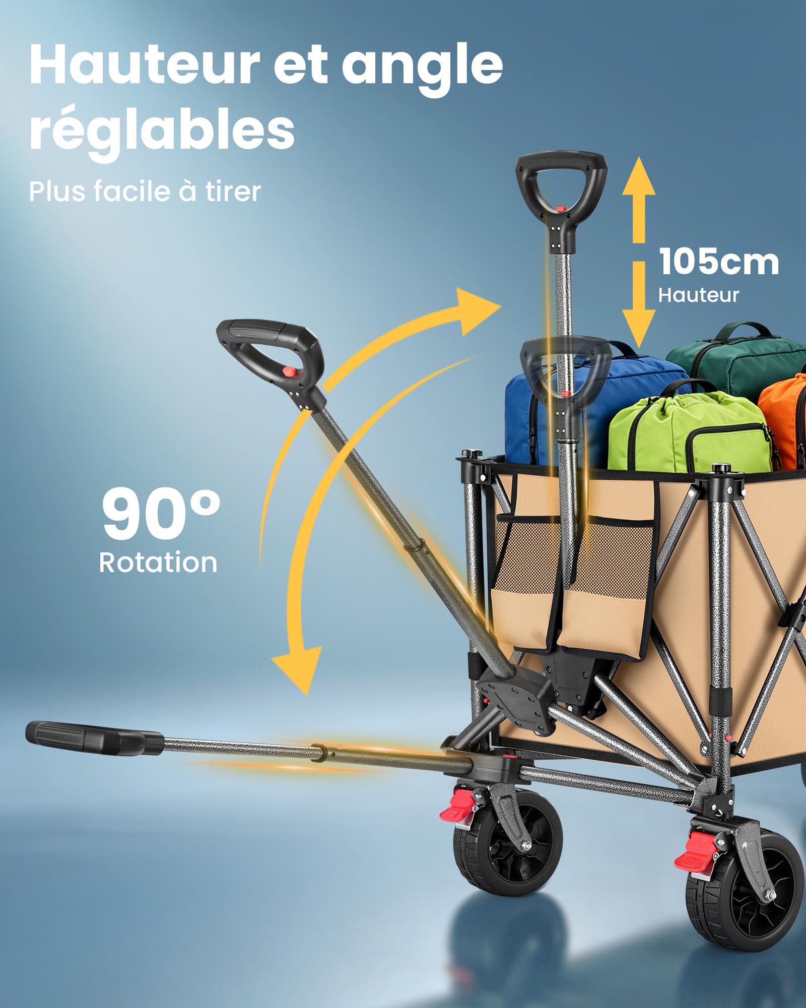YEAUPE PRO Chariot Pliable 220L 200KG, Roues Larges Tout-Terrain, Kaki | Porte Arrière Rabattable pour Objets Longs, Chariot de Plage Léger 10.5KG pour Jardin, Camping, Courses & Événements Sportifs