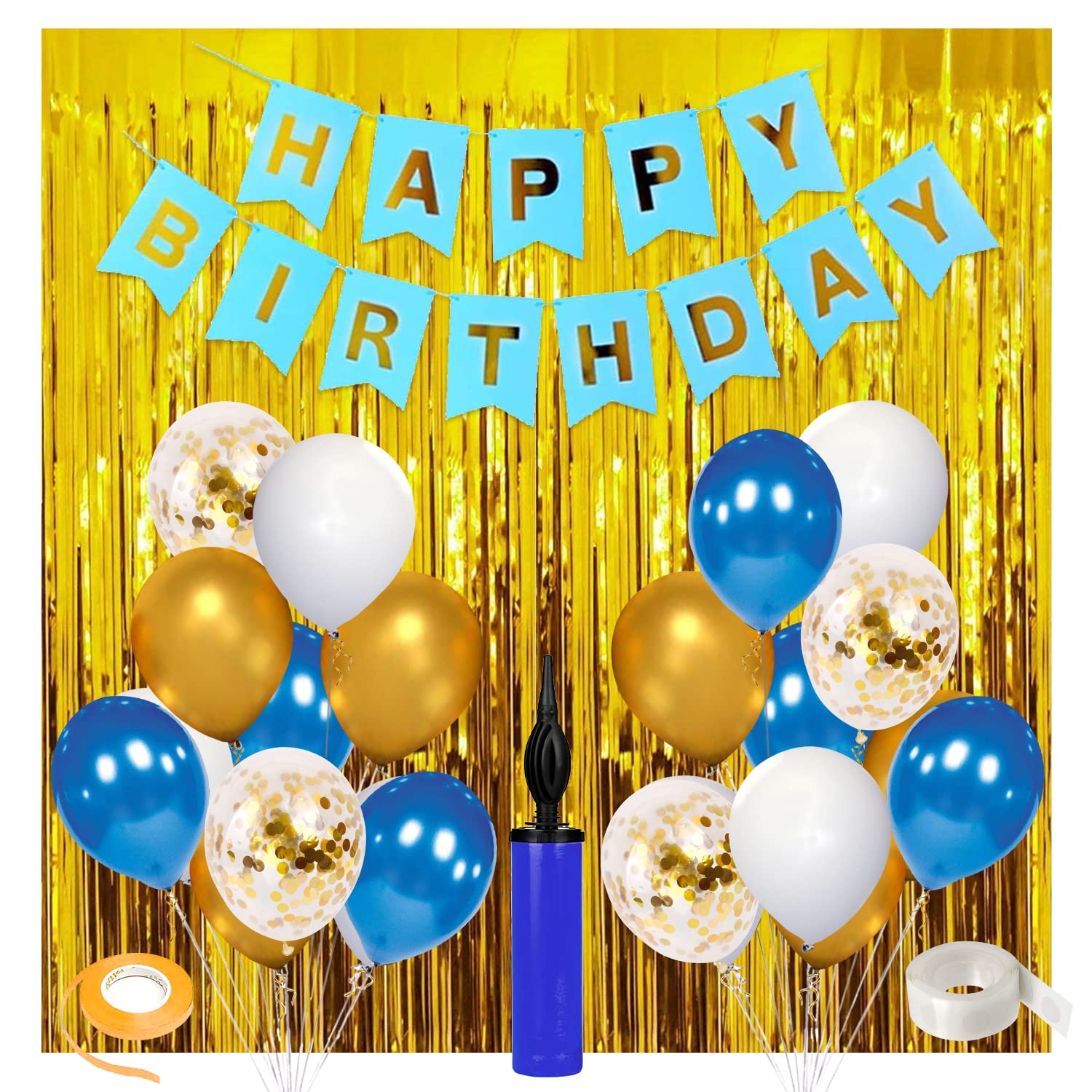 Zyozique Blue and Gold Birthday Decorations & Birthday Decorations For Men,Foil Curtain,Happy Birthday Banners,Mettalic Balloons,Balloon Pump,Confetti Balloons,Glue Dot,Ribbon,For Boys Birthday And Baby 1st Birthday Supplies (Pack of 41)