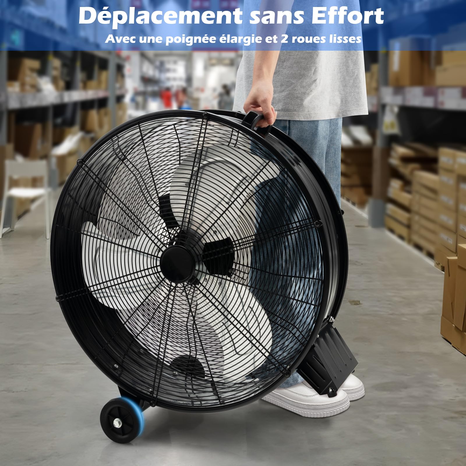 RELAX4LIFE Ventilateur de Sol Industriel 60CM 180W, Ventilateur à Tambour 3 Vitesses Réglables, Mobile à Poignée et Roulettes, Fort Débit d'Air pour Garage, Usine, Magasin (Noir)
