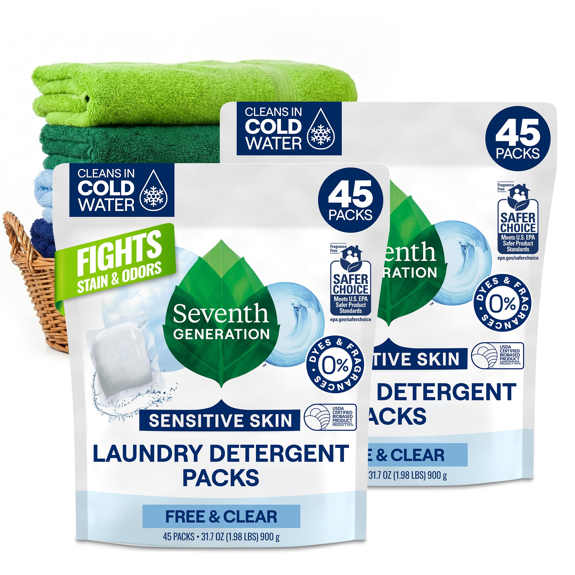 Laundry Detergent Packs, Free & Clear, 90 Loads (2 pouches, 45 Ct EA)