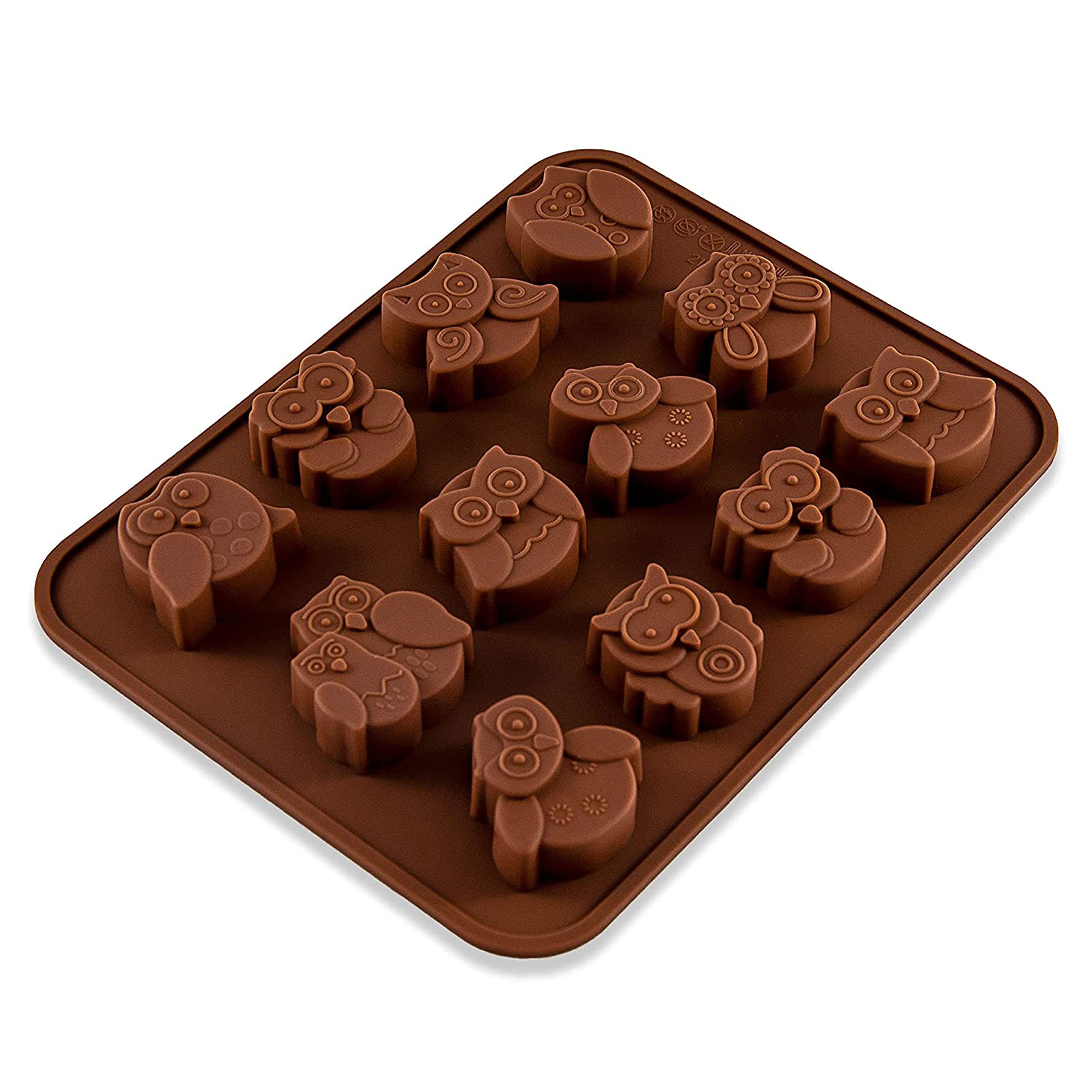 Molde de silicona para bombones, diseño de búho, 10 moldes, 19,5 x 15 x 1,5 cm, animales, pájaro, sin BPA, color marrón
