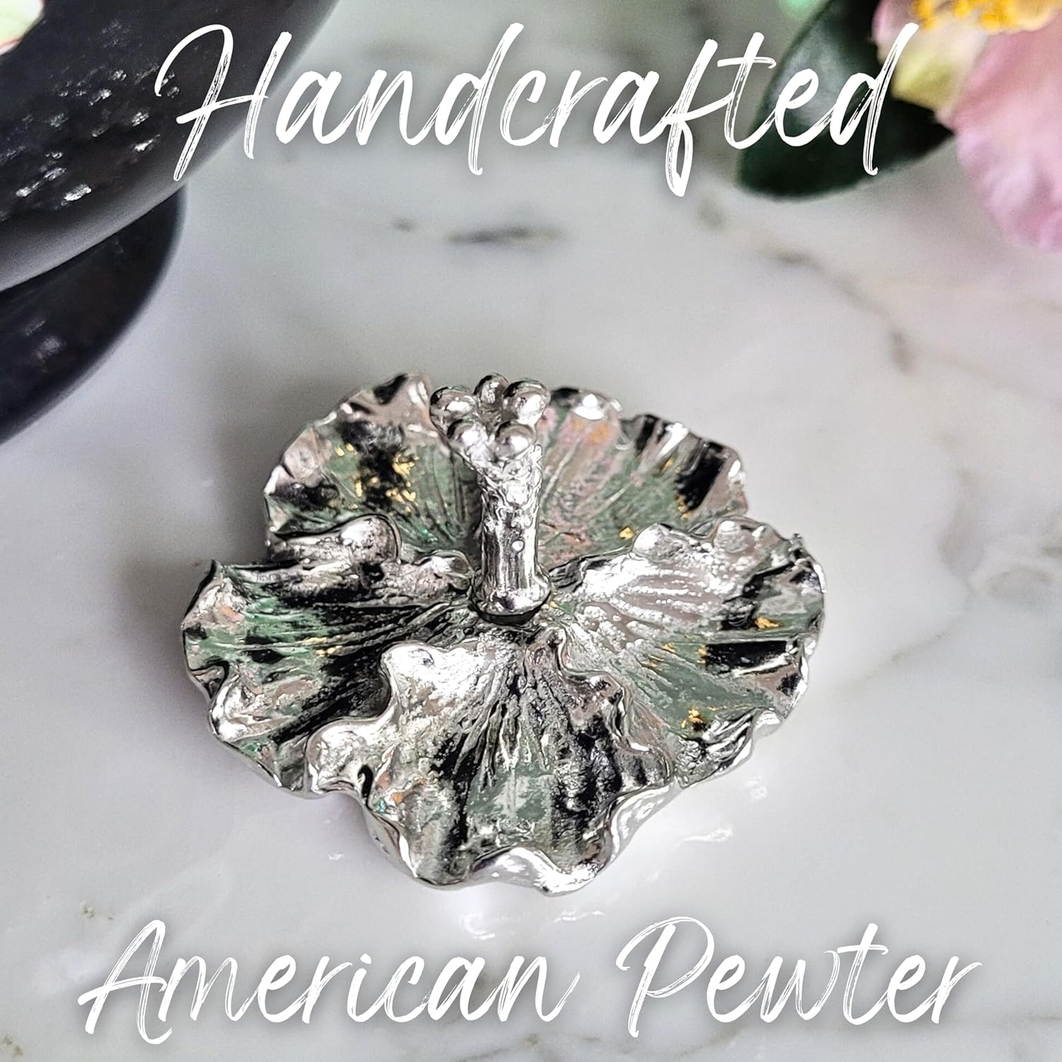 Hibiscus Flower Ring Holder - Tiny Ring Stand Gift Boxed Friendship Story Card -Handcrafted Pewter Made in USA (Shipped from Artist Studio)