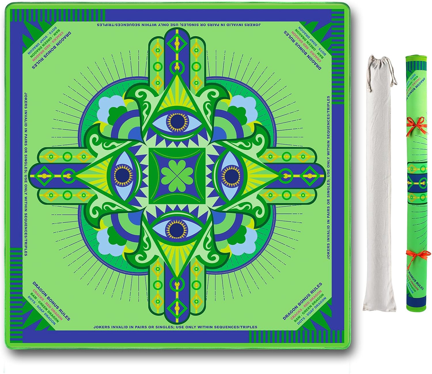 Neoprene Mahjong Mat with Rules (33" x 33"), No Creases American Mahjong Mat, Anti-Slip & Noise Reduction Mahjong Learning Mat, Mahjong Mats Gifts (Lucky Green)