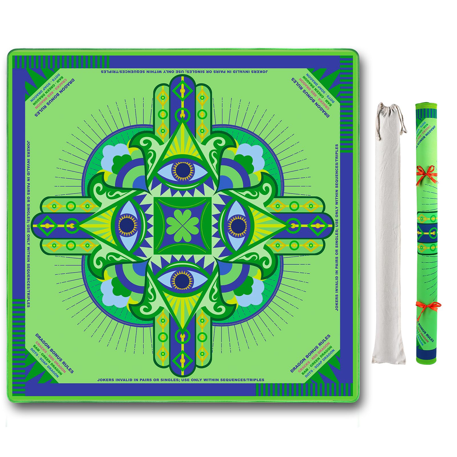 Tapis de mahjong en néoprène avec règles (83,8 x 83,8 cm), tapis de mahjong américain, antidérapant et réduction du bruit, tapis d'apprentissage du Mahjong, cadeau pour femme (vert chanceux)