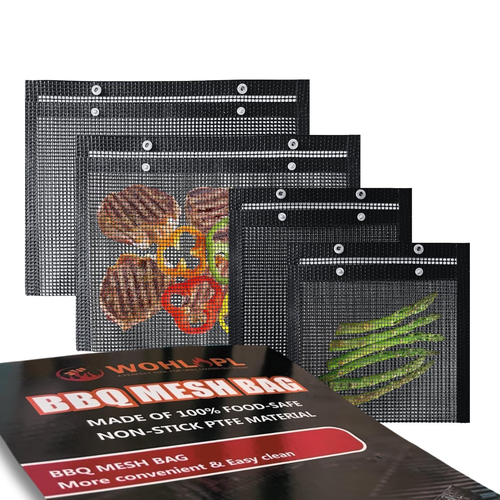 Grill Bags - Reusable Non-Stick BBQ Mesh Grill Bags, 4 Pieces Large Barbeque Bags for Grilling, Easy to Clean, Two Sizes, 15.7 x 10.6 Inch, 8.7 x 10.6 Inch