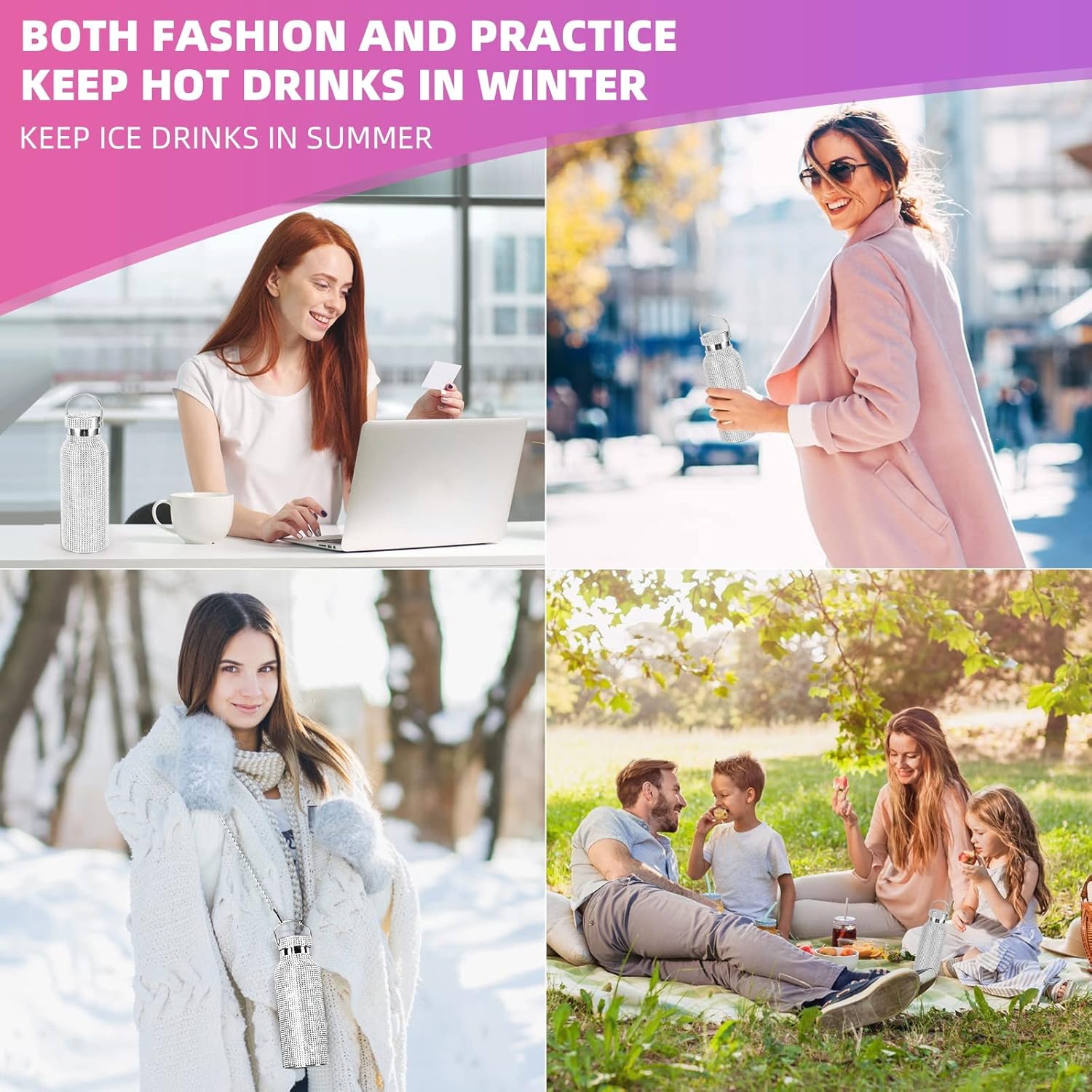 Bling Diamond Thermal Bottle,Glitter Water Bottles, Stainless Steel Thermal Bottle Refillable Water Bottle with Chain for Women (silver 500ml) - Image 5