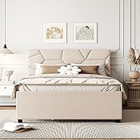 Vista 3 de Moderna cama tapizada de tamaño matrimonial, plataforma de tela de lino con cama nido de tamaño individual, base de cama de madera maciza