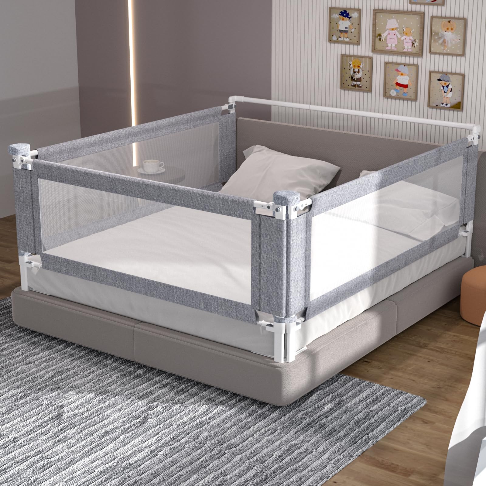 yulongtengfei 3-Piece Full Size Bed Rail for Toddlers - Adjustable Baby Bed Rail Guard, Kids Safety Bed Rail for Full Size Bed (74.8"x74.8"x54"-Grey)