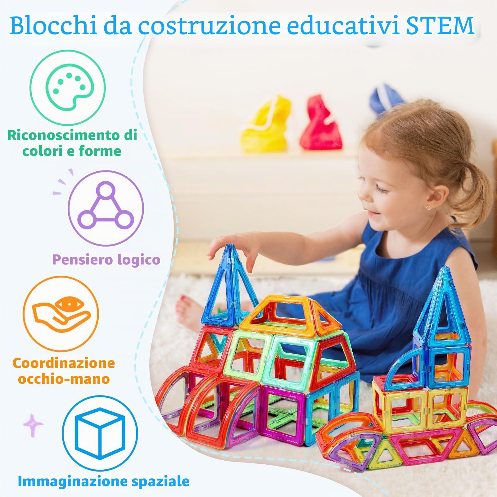 Set di mattonelle magnetiche per bambini 116PC - mattonelle da costruzione, giocattoli da costruzione STEM, regalo educativo di blocchi magnetici per bambini e bambine