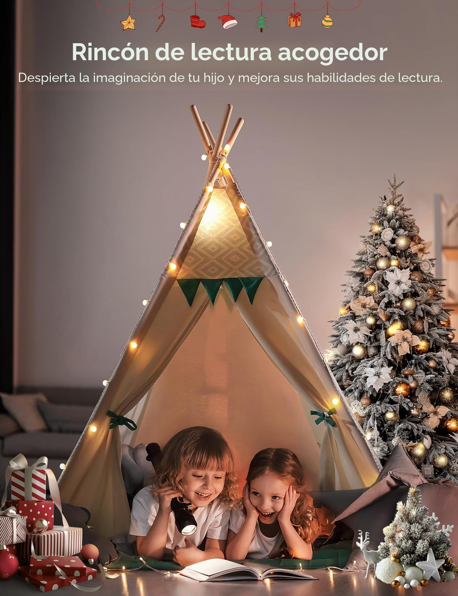 besrey Tipi Infantil Indio para Niños Tienda de Campaña Infantil Canvas Tipi de algodón con Alfombra Acolchado y Luces de Hadas (Verde y Blanco)