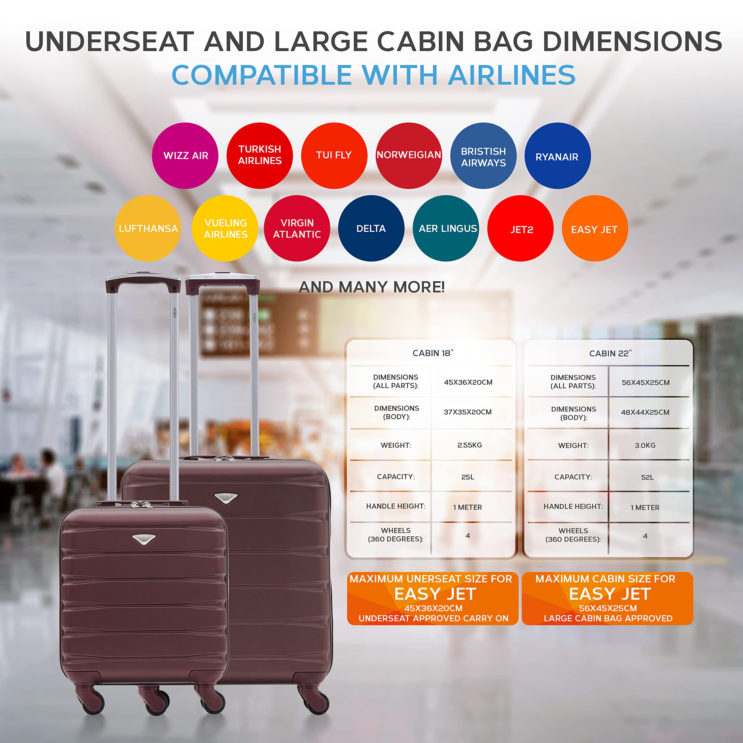 Flight Knight Suitcase Set of 2 Lightweight 4 Wheel ABS Hard Case Cabin Carry On Hand Luggage - easyJet Maximum Size for Overhead Cabin & Under Seat Carry-On - 45x36x20cm & 56x45x25cm