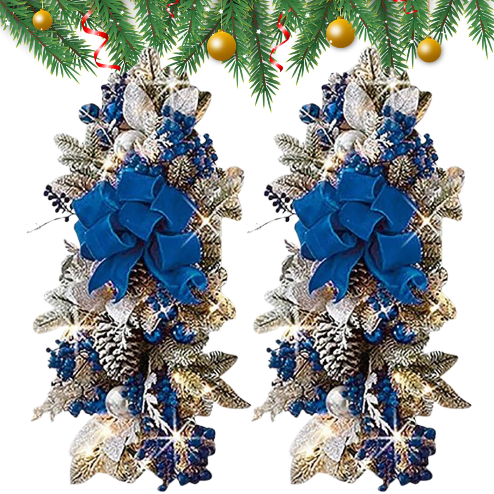CAKEEYUM Christmas Swag with LED 2Pcs 24x12in Artificial Teardrop Swag with Blue Bow, Blue Berries & Silver Leaves Hanging Christmas Swags for Front Door, Stairs, Window Door