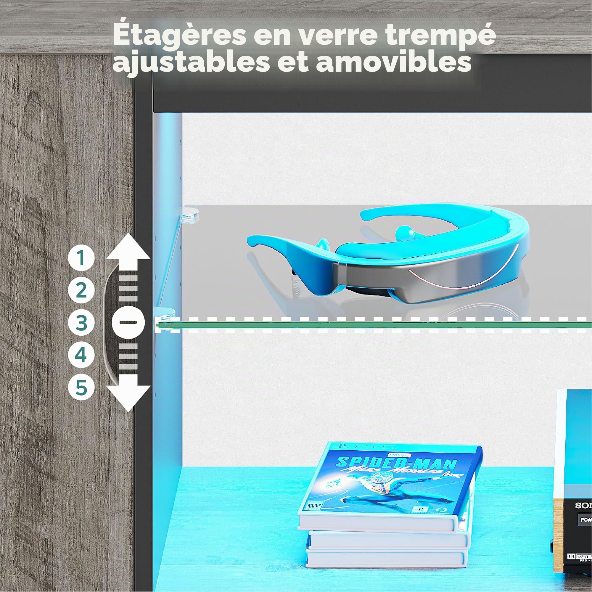 Bestier Support TV LED de 145 cm pour TV de 55/60/65" avec Armoire pour PS5, Moderne, avec étagères en Verre réglables, pour Salon, Chambre à Coucher
