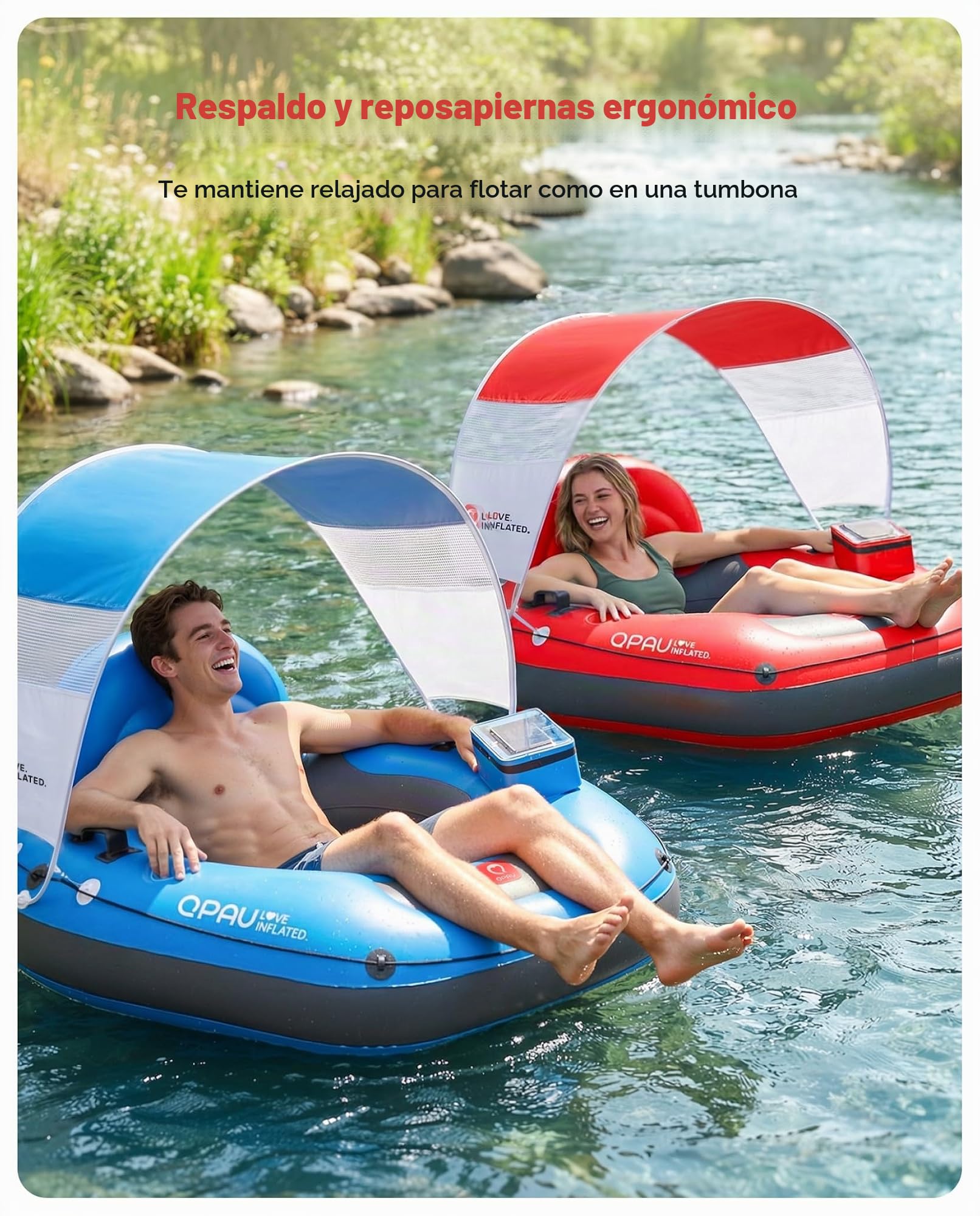 QPAU flotador de río inflable de 46 pulgadas con toldo solar extraíble, flotador resistente para adultos, reposapiernas ergonómico y respaldo, bolsa impermeable y portavasos, ideal para ríos, lagos