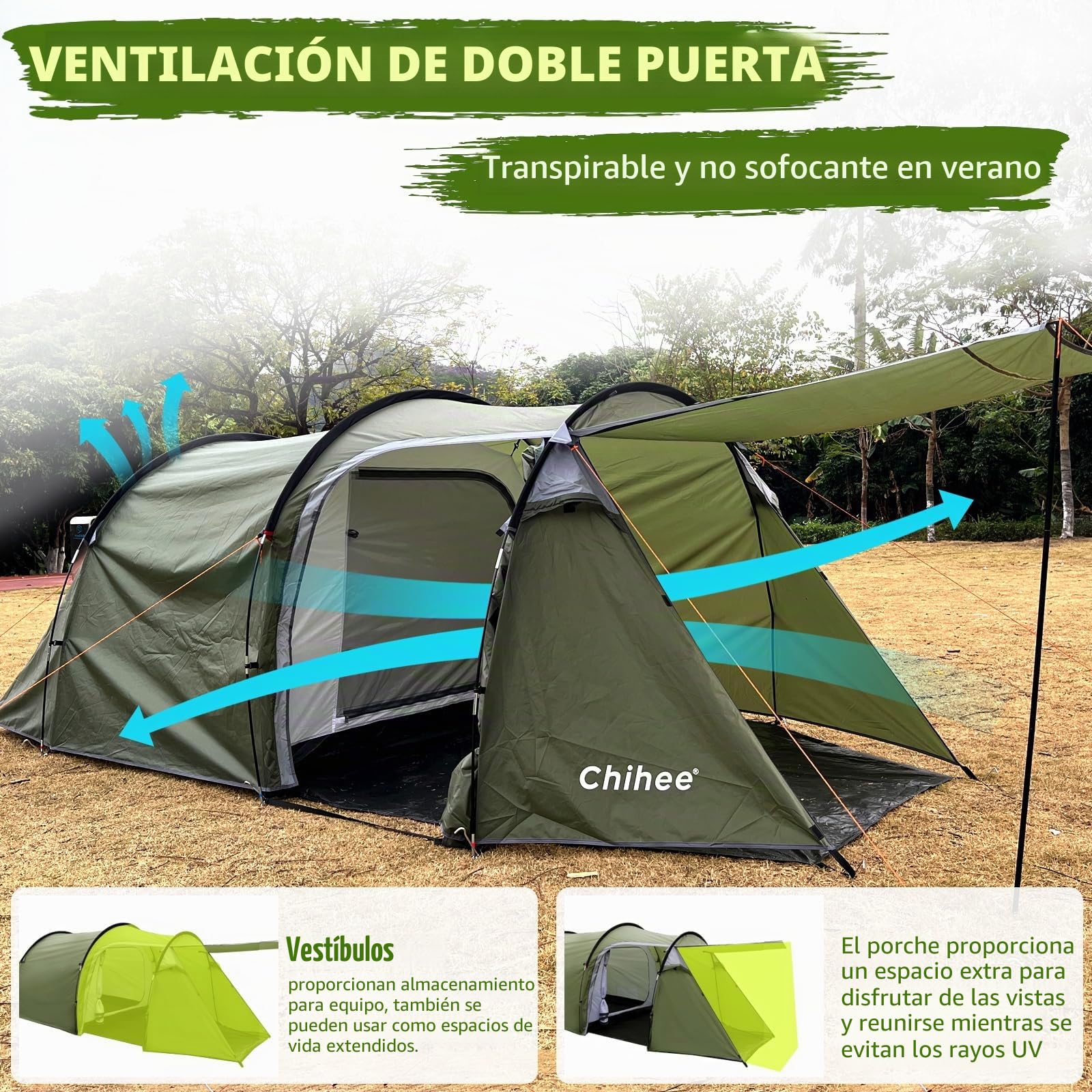 Chihee Tiendas de Acampada Tienda Túnel Tienda Familiar para 4 Personas con 2 Puertas Tienda Resistente a la Intemperie 4 Estaciones con Toldo Incluye Bolsa de Transporte Rainfly para Viajar