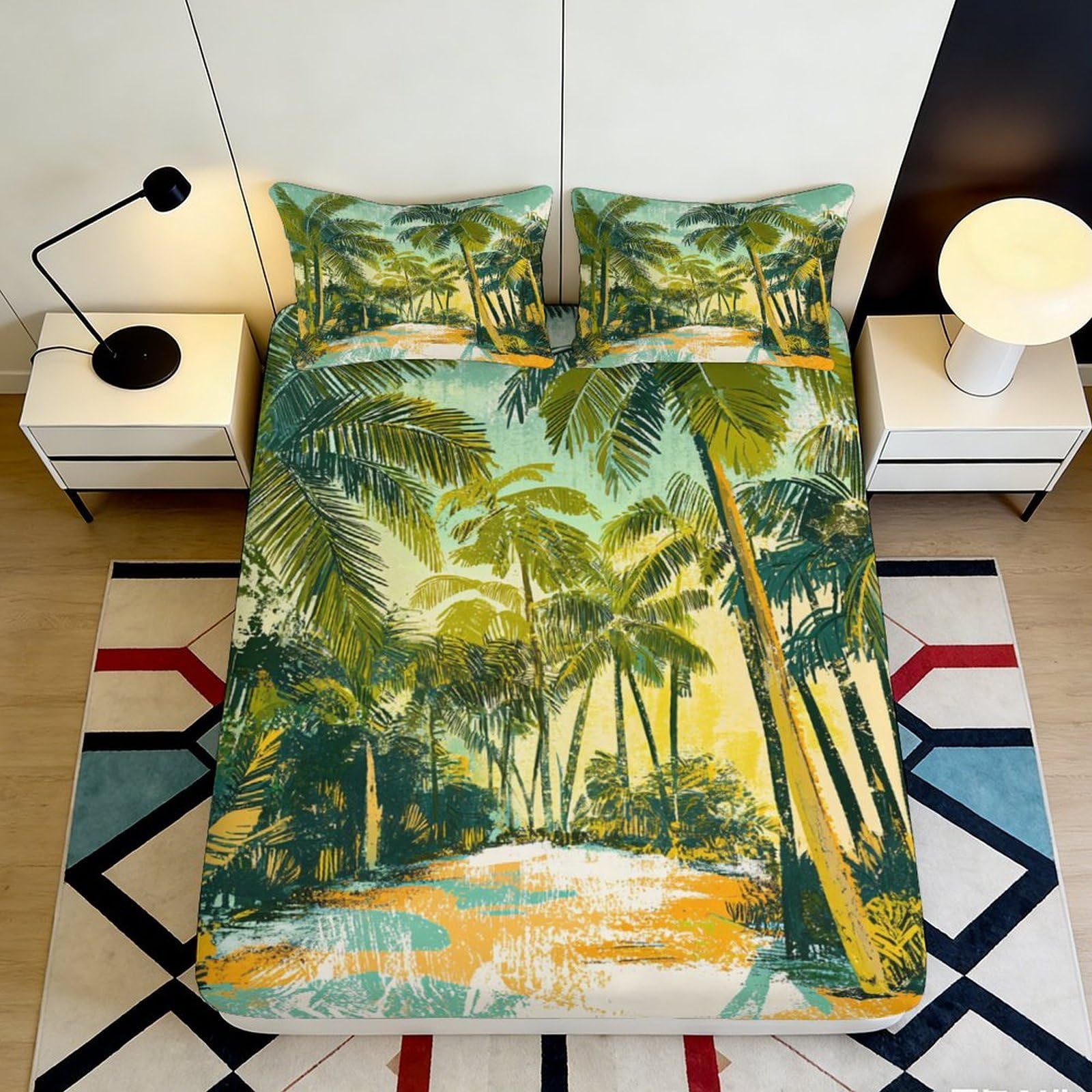 3D Printed Tropical Palm Forest Fitted Sheet Microfiber Soft Anti-Slip Mattress Cover for Bedroom Guest Room Decor 180x200x25cm