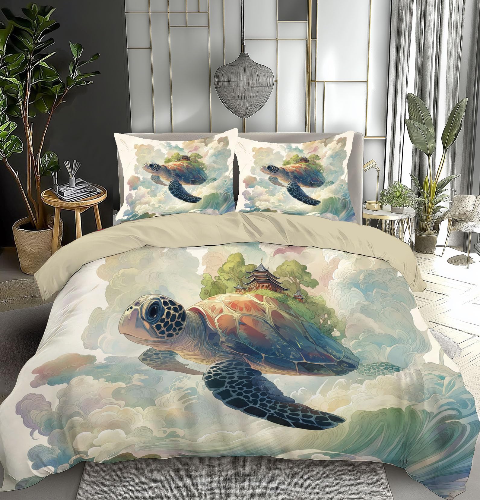 Parure de lit housse de couette 140x200 multicolore tortue vague réversible