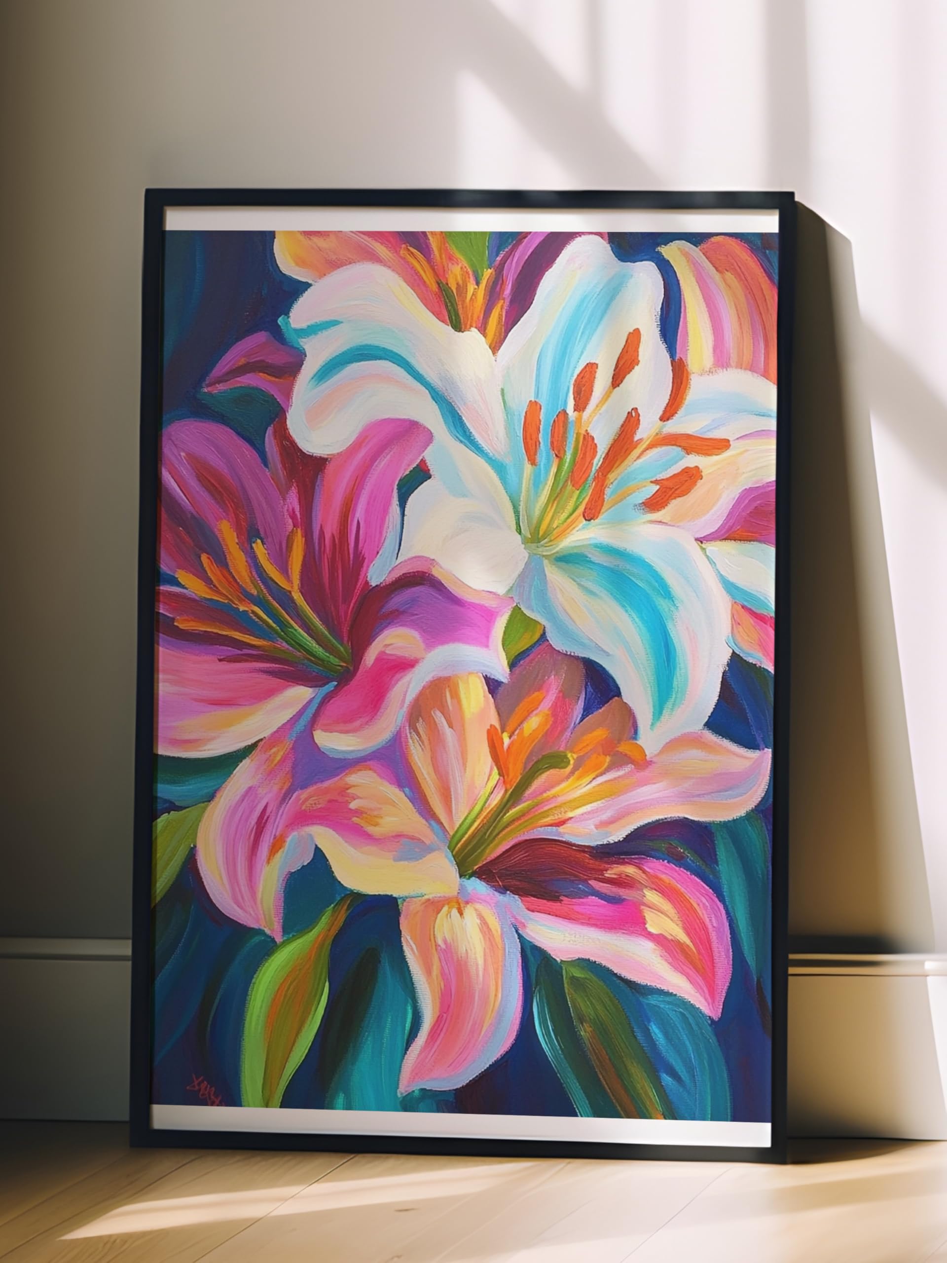 Zestia Siyah Çerçeveli Tablo, Lilyum Çiçekleri, Canlı Renkler, Dijital Boyama Poster No: 107307 15 x 21