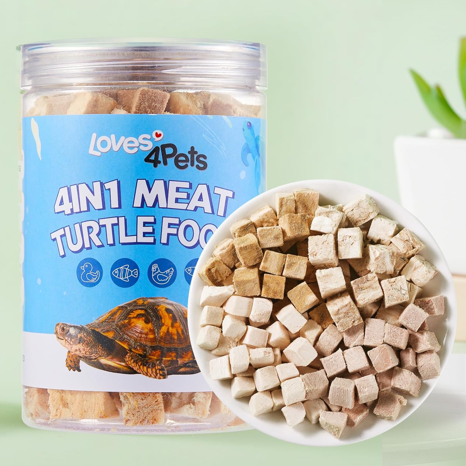 Turtle Food – 4 in 1 Natural Freeze-Dried Chicken, Duck, Salmon, Cod – Real Meat Snacks for Aquatic & Box Types, Cats & Dogs – Human-Grade Quality