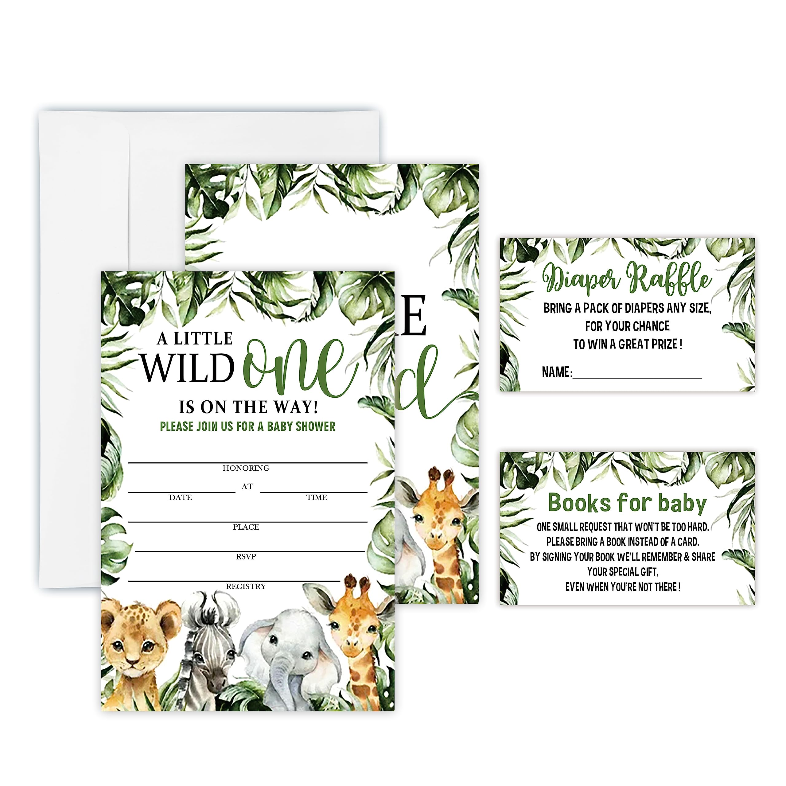 GREOXG Wild One Baby Shower Invitation Set - Greenery Animals Theme - 25 Invites & Envelopes，25 Dipaer Raffle Tickets & 25 Book Request Cards - Gender