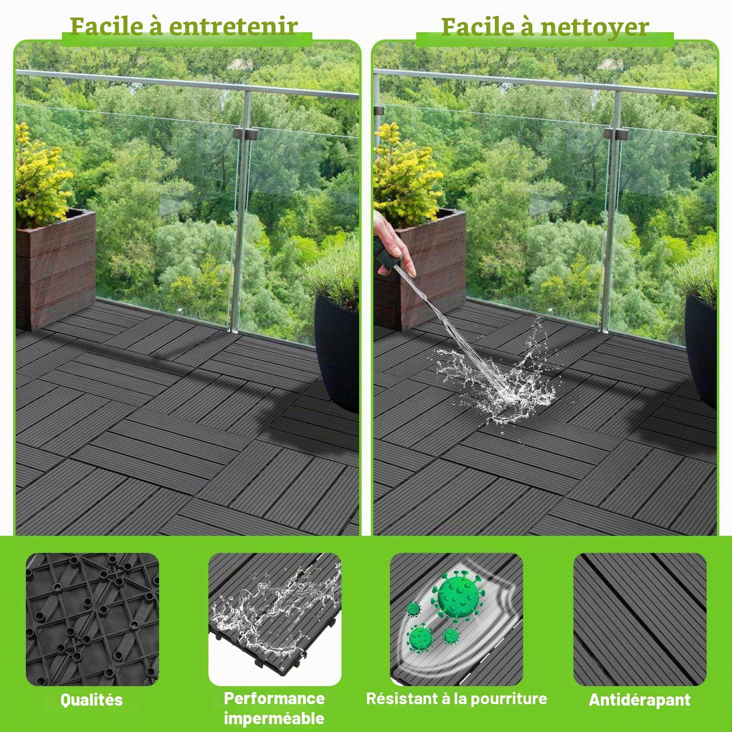 WPC - Lot de 55 dalles de terrasse en bois - 30 x 30 cm - Pour 5 m² - Aspect bois - Revêtement de sol de balcon avec système à clic - Lames étanches pour balcon et terrasse (anthracite)