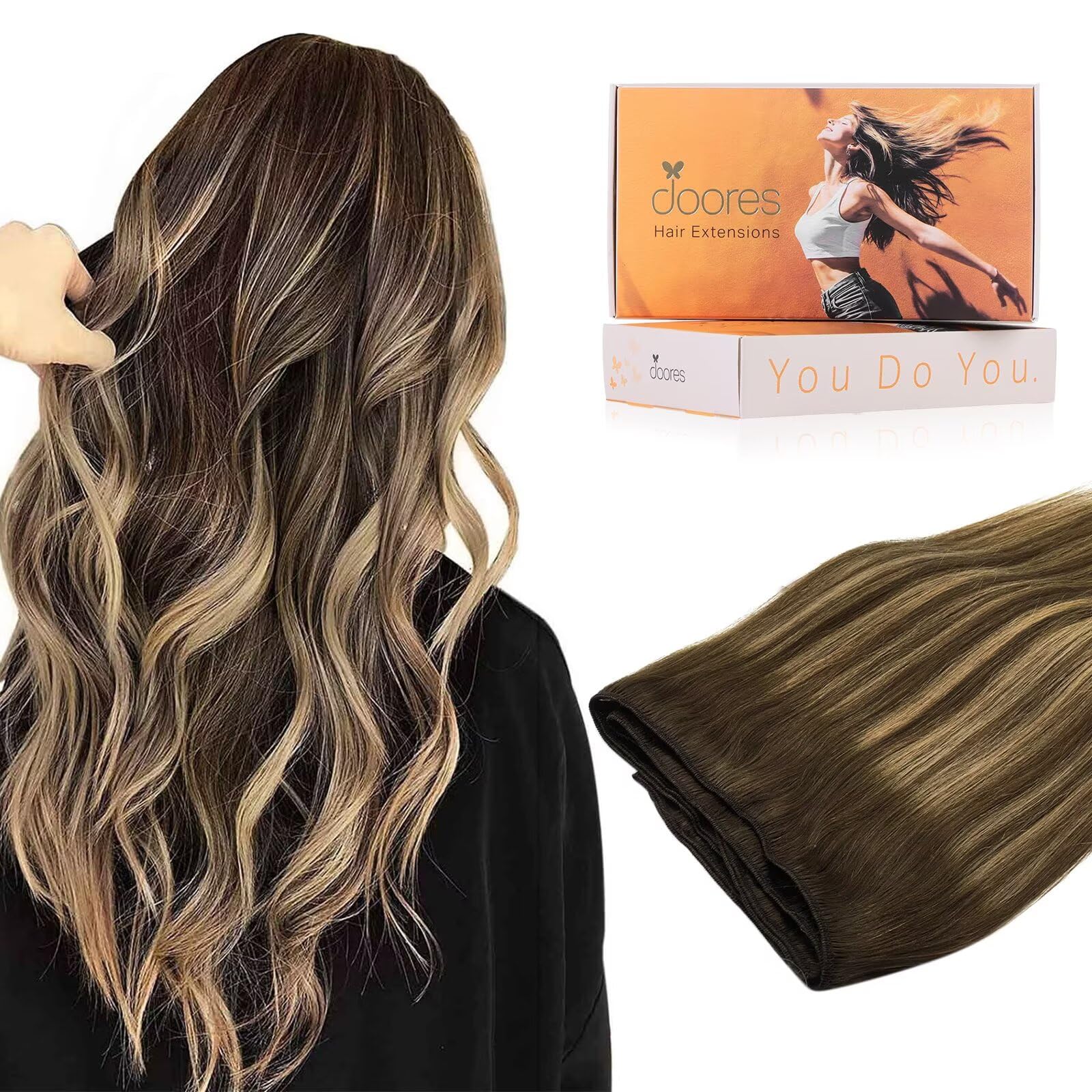 DOORES Sew in Hair Extensions Real Human Hair, Balayage Chocolate Brown to Caramel Blonde 24 Inch 120g, Remy Weft Full Head Long Straight Sew in