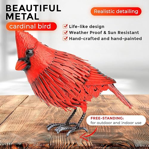 Miniatura 5 de Decoración de jardín de pájaro de metal con estatua cardenal, arte de metal para patio, esculturas y estatuas para exteriores, pájaro rojo grande,