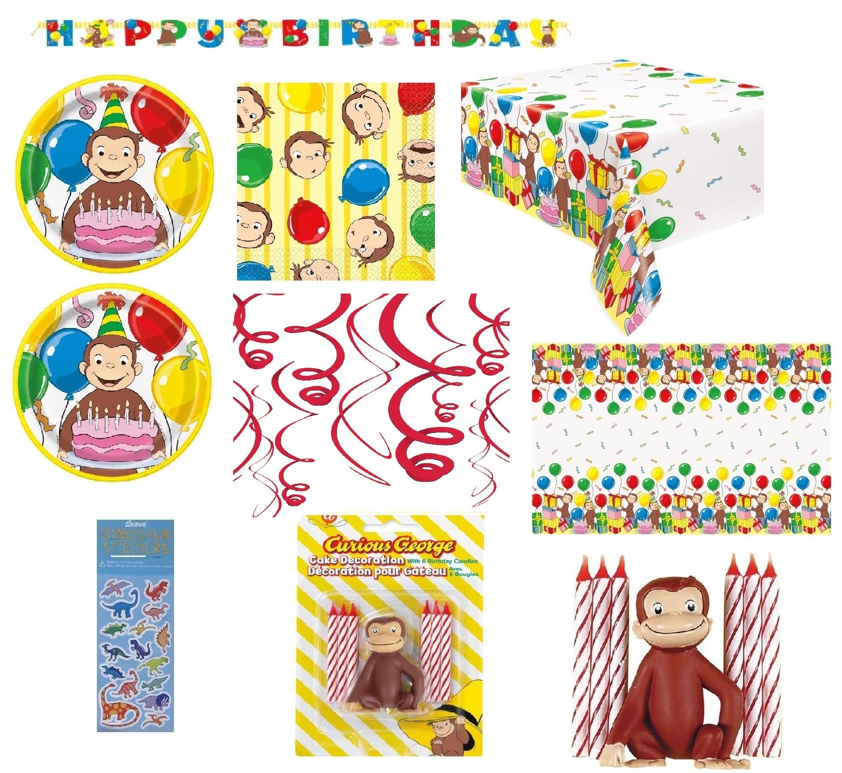 Curious George Birthday Party Supplies Bundle for 16 includes 16 Lunch Plates, 16 Lunch Napkins, 1 Table Cover, 1 Happy Birthday Banner, Hanging Swirl Decorations, 1 George Candle Decoration Set, 1