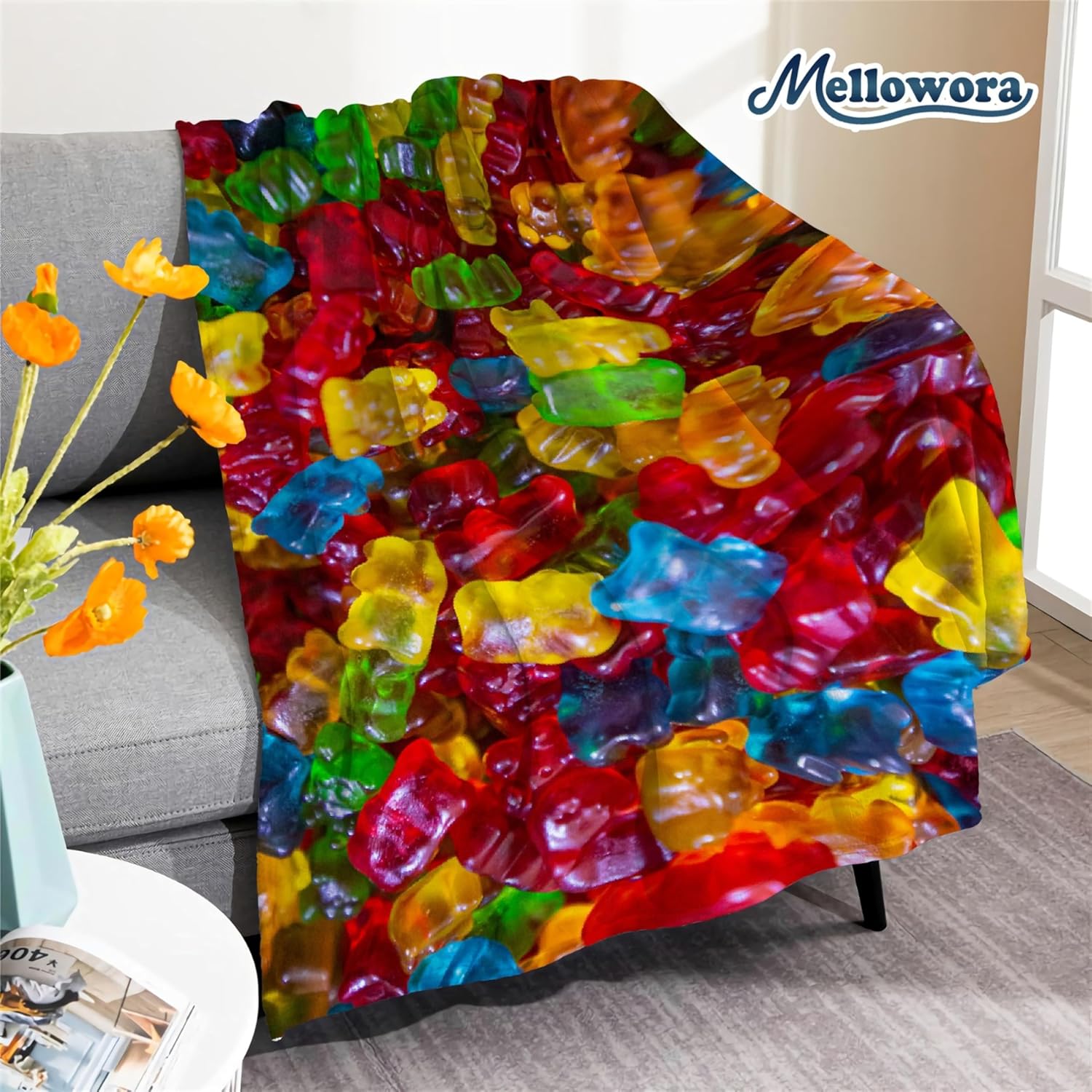 Candy Gummy Bear Blanket, Funny Realistic Food Gummy Throw Blanket for Adults, 80"x60" Candy Gummy Plush for Gummy Lovers Novelty Gifts, Lightweight Flannel Cute Colorful Blankets for Bed Sofa Chair