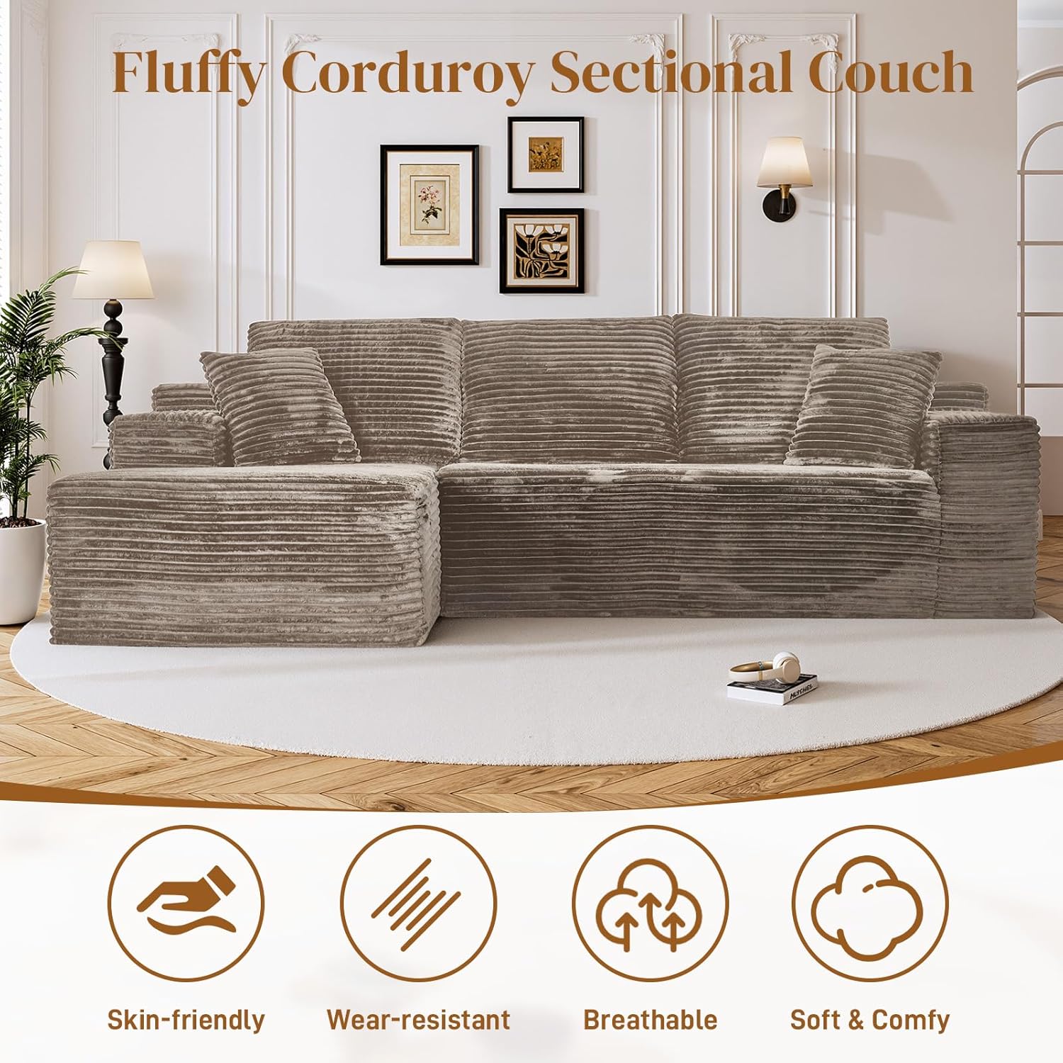 108" Boneless Cloud Sectional Couches for Living Room, Fluffy Comfy L Shaped Memory Foam Deep Seat Boneless Couch, Modular Sectional Sofas with Left Facing Chaise, Brown