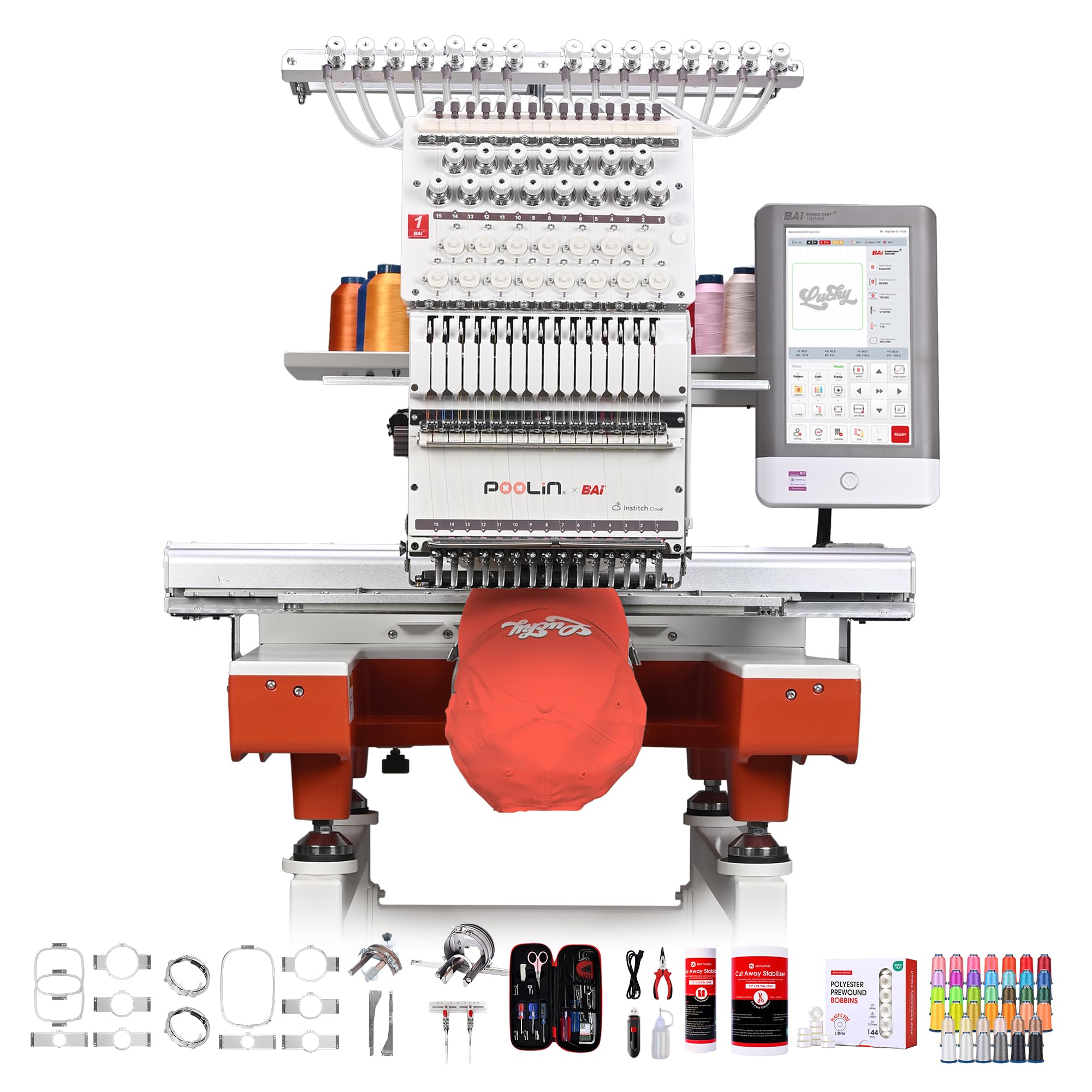 PooLin EOX Embroidery Machine 15 Needles 14x20 inch Area, Full Metal Body 1200spm Auto Color Change & Thread Trimming, WiFi Upload, for Cap Hoodie T-Shirt Jacket Pants, Full Accessories & Training