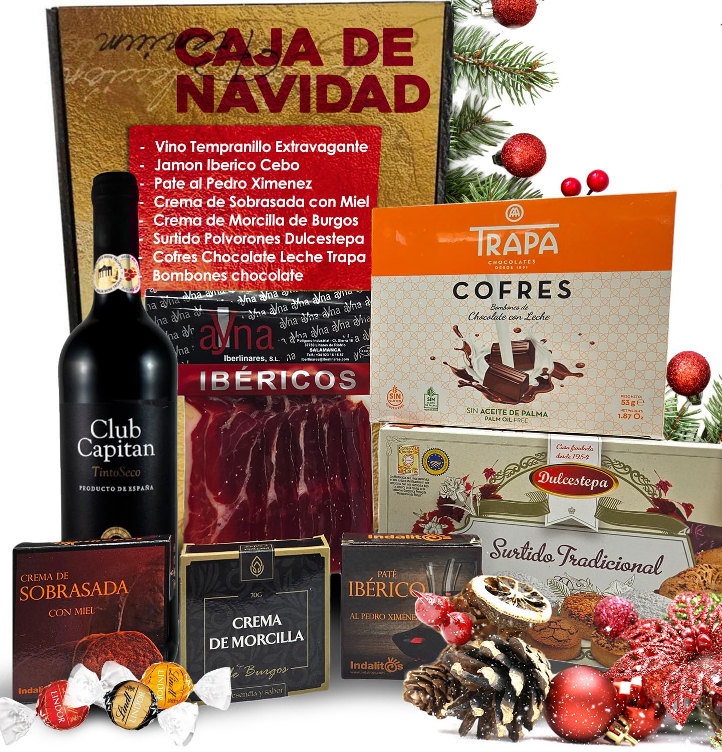 Cesta Gourmet Navidad M+ | Perfecta para Regalar Navidad y Empresas | Jamón Ibérico de Cebo + Vino Tempranillo + Crema de Morcilla y Crema de Sobrasada + Paté PX + Pack Polvorones + Bombones