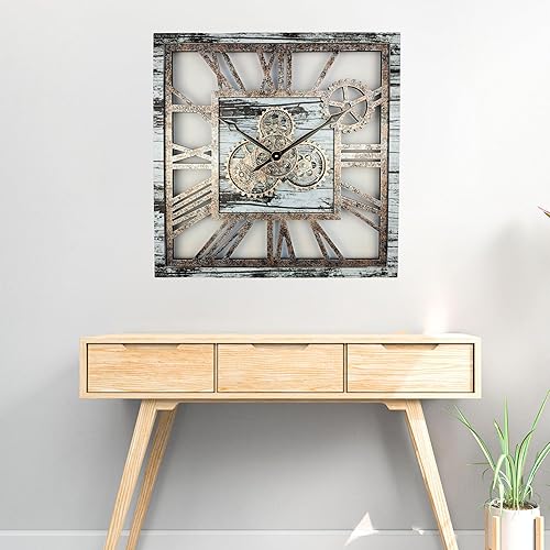 Miniatura 3 de The Gears Clock - Reloj de pared cuadrado con engranaje móvil real de 24 pulgadas, estilo vintage, industrial, de gran tamaño, rústico, granja (gris