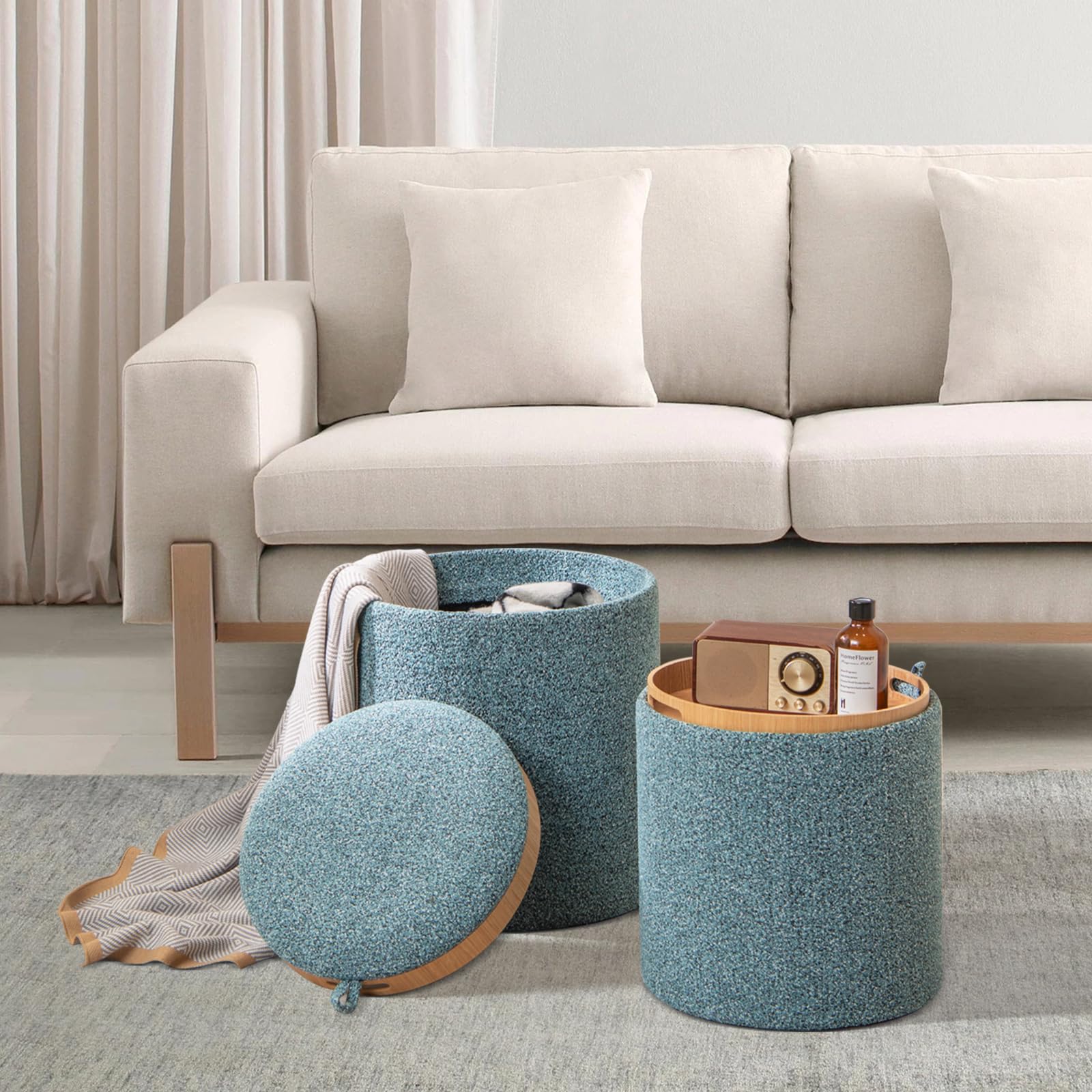 COSTWAY Set di 2 Pouf Contenitore, Pouf Rotondi Imbottiti da 41L+25L, con Vassoio Reversibile, Sgabello Contenitore Multifunzionale per Soggiorno, Camera da Letto, Portata 160 kg