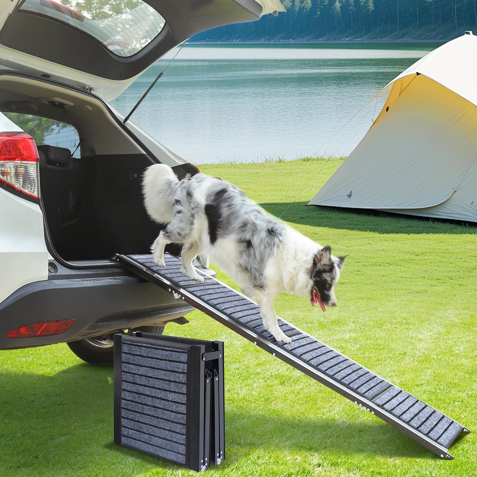 63" Long Dog Ramp for Car, Foldable Dog Ramps for Large Pet, Portable Dogs Ramp for Truck, 17" Wide Pet Car with Non-Slip Rug Surface, Pet Ramp for Large Dogs Up to 200LBS for Car, SUV & Truck-L
