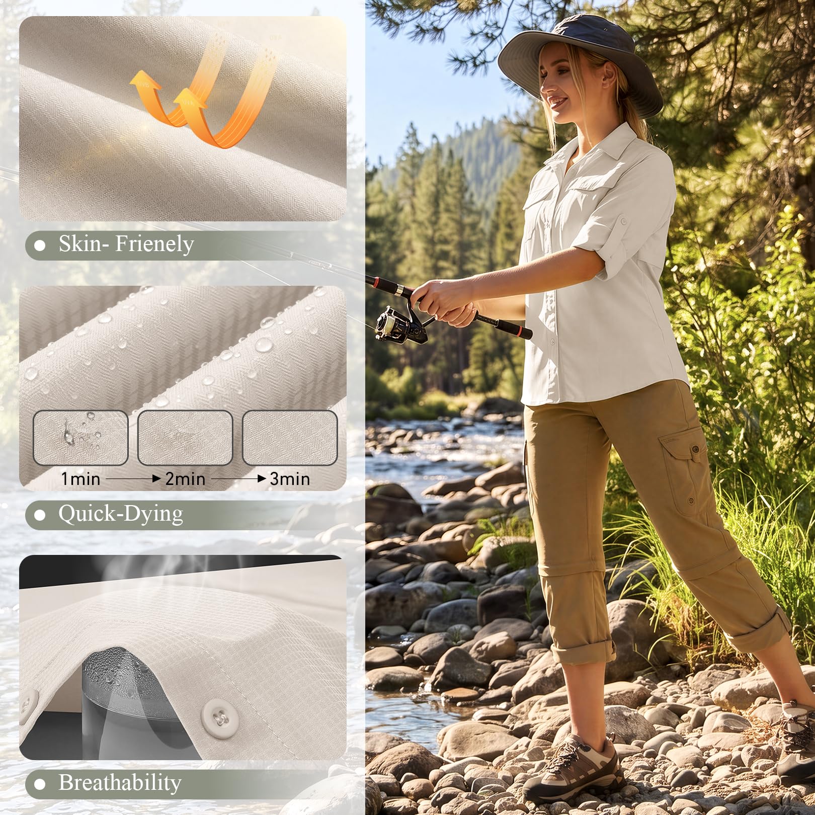 Camisas de safari para mujer, protección solar UV UPF 50+, manga larga, para exteriores, secado rápido, pesca, senderismo, jardinería