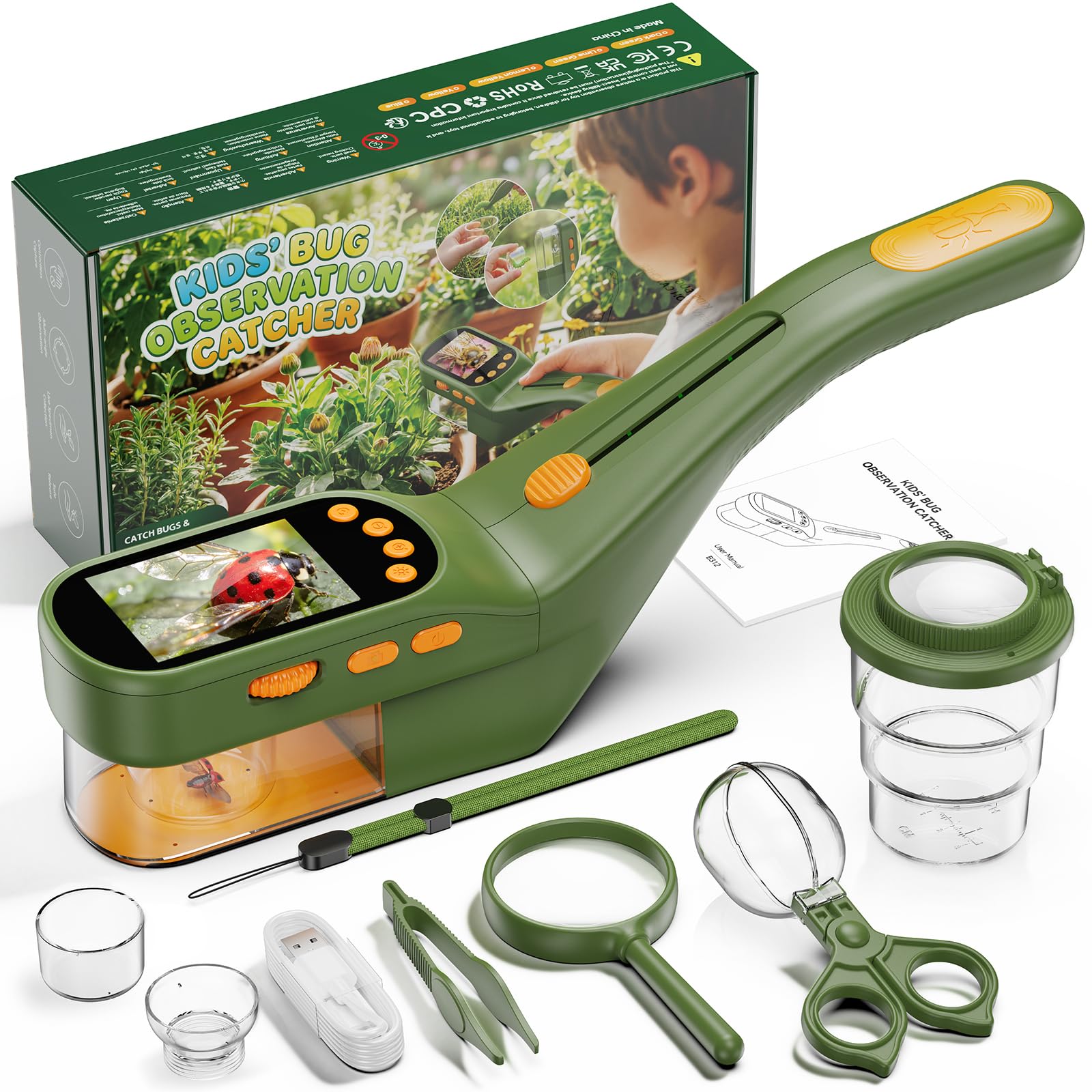 ASPOVEN Kit Insetti per Bambini con 500X Schermo, Scatta Foto e Video | Cattura Insetti Kit Esploratore, Lente Ingrandimento con Pinzette, Raccoglitore Insetti, per l'esplorazione Della Bambini
