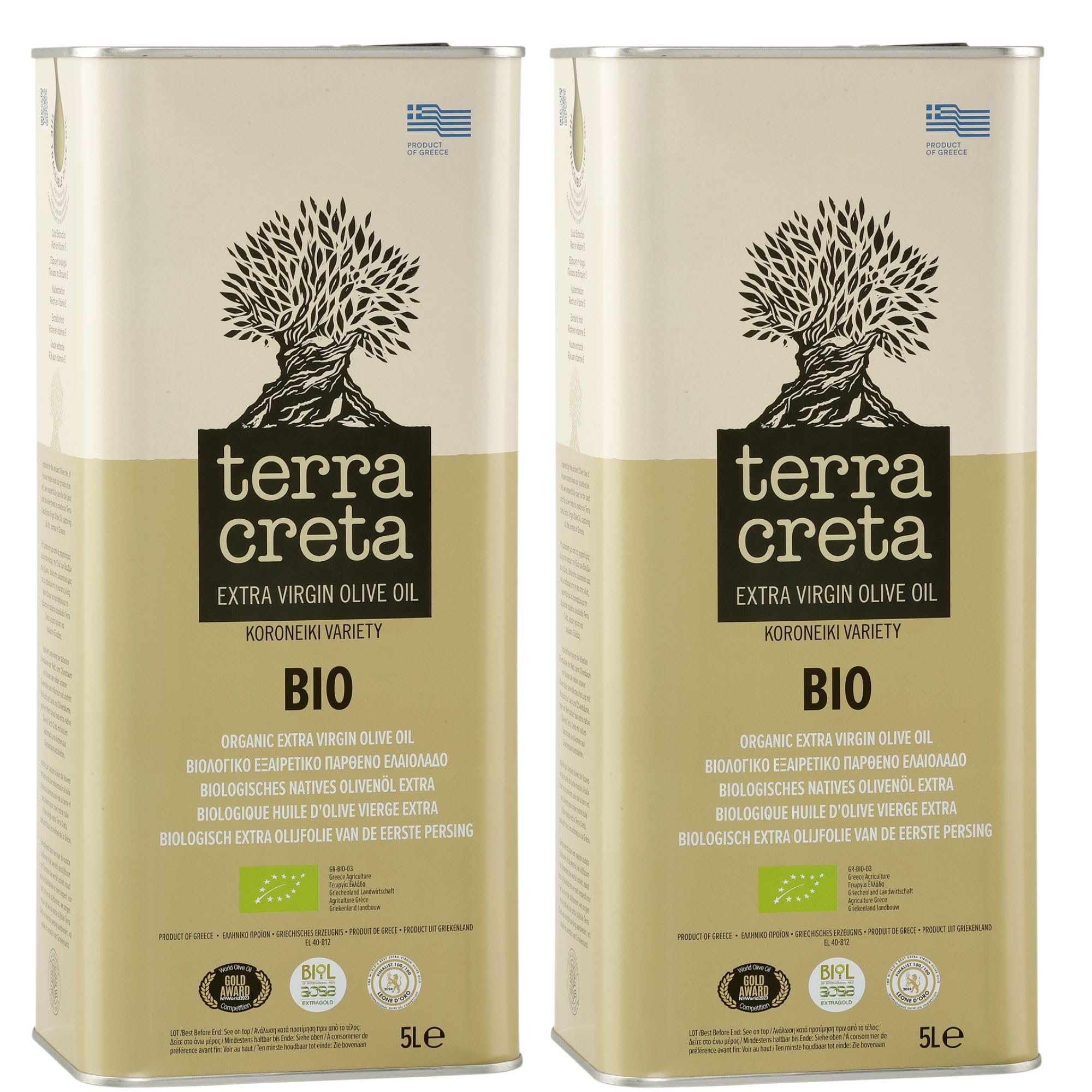 Terra Creta Bio Olivenöl 2x 5L Kanister - mild - 100% Bio Koroneiki Oliven - extra nativ & kaltgepresst - GR-BIO-03 | + 20ml Jassas Olivenöl