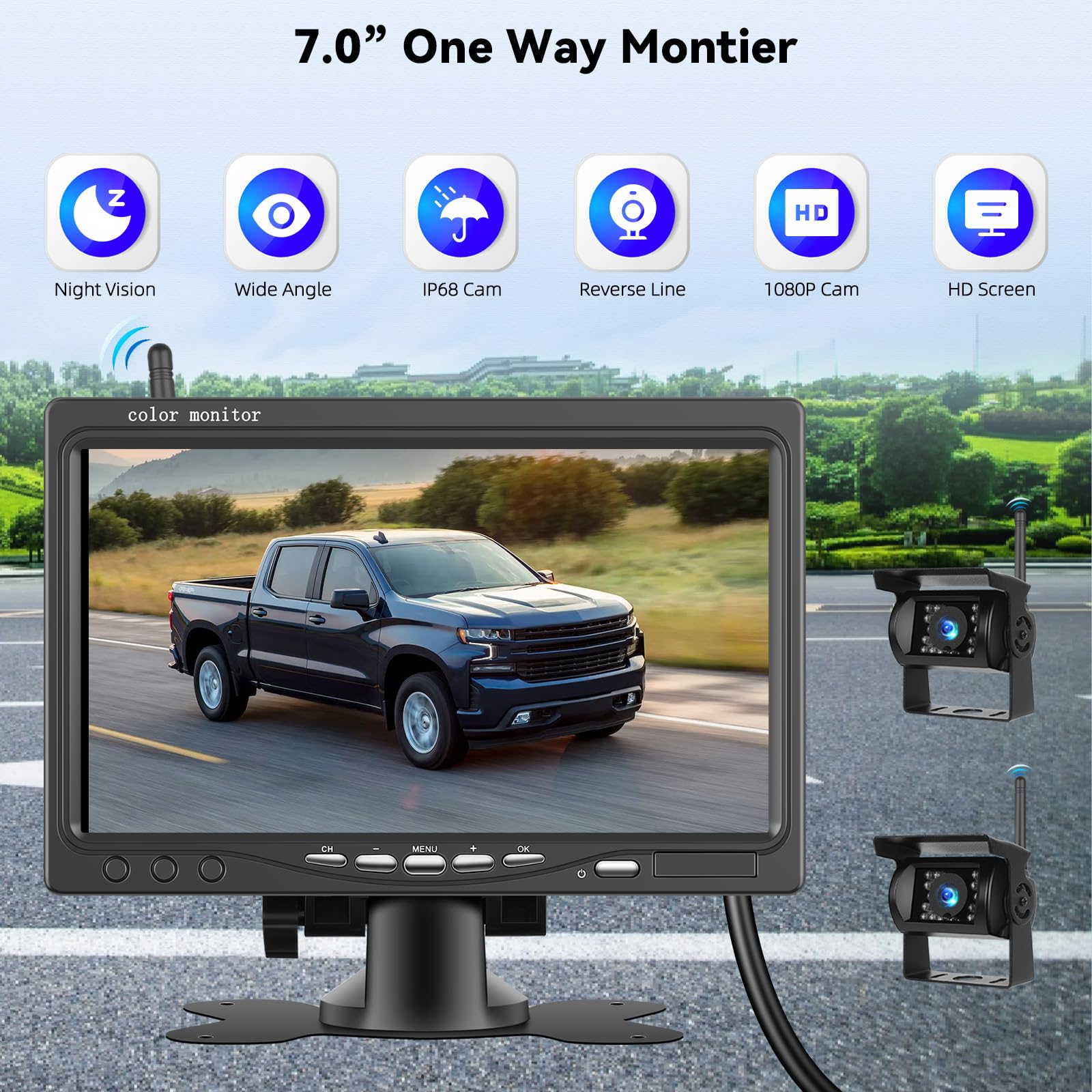 Camera de Recul pour Voiture 2 Caméras sans Fil WiFi Stable, 1080P HD Caméra de recul IP68 étanche Avertisseur d'angle Mort pour Camping Car/Camion/RV/Remorques/Agricole/Motorhome 12V-24V