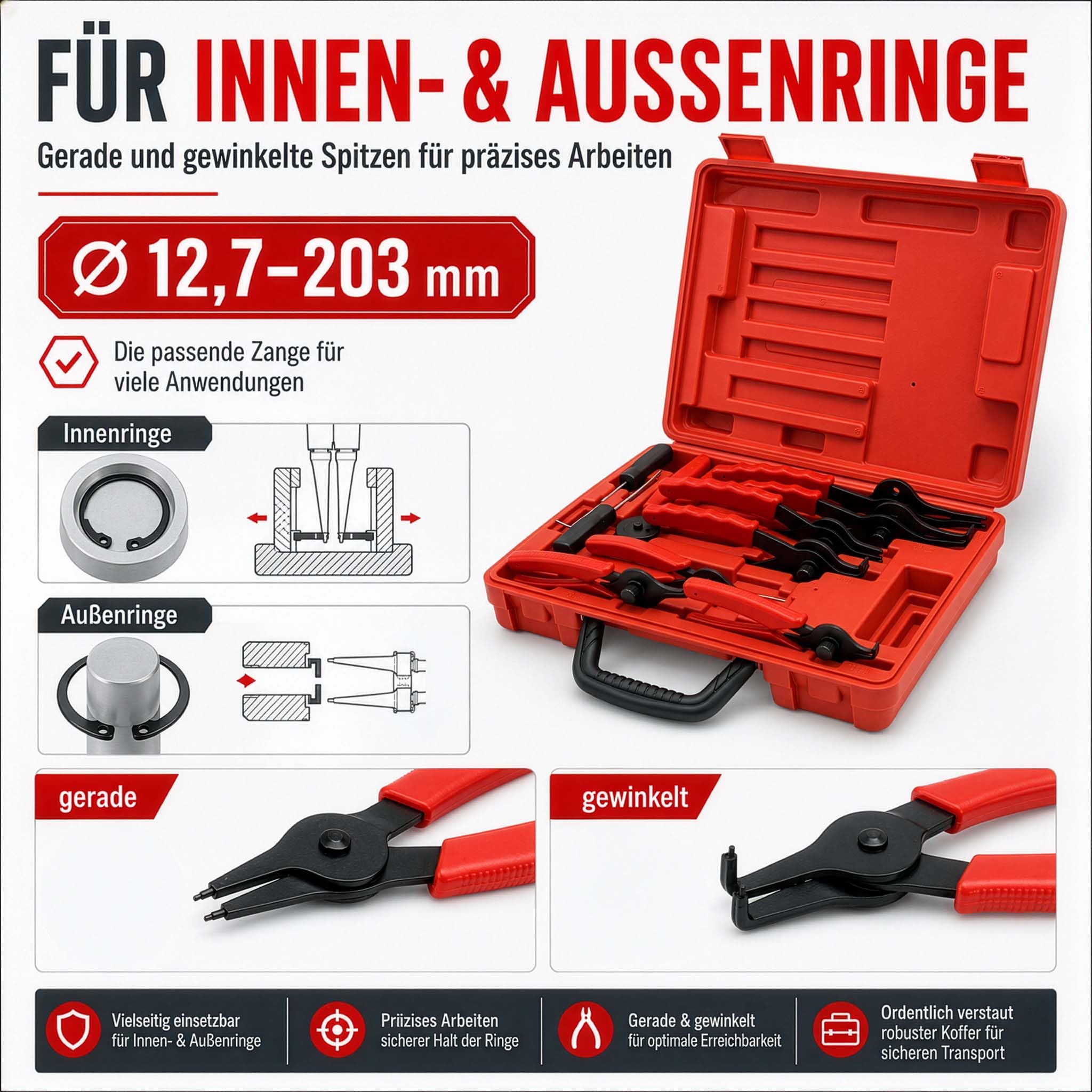 Wiltec Sprengring Zange 11 teilig, 12,7-203 mm, Seegeringzange für Außenringe und Innenringe, Sicherungszangen Set im Koffer