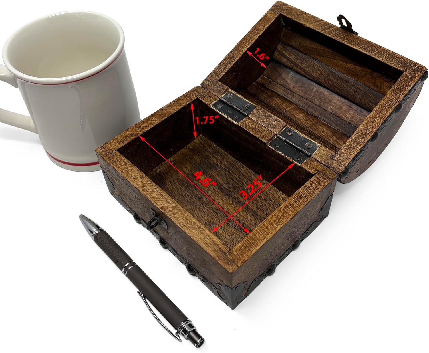 Nautical Cove Wood Treasure Chest with Decorative Rivets and Reinforcing Iron Strips with Lock and Skeleton Keys (Dark Antique, X-Small 5.5x4x4) – Wooden Keepsake Box, Pirate Decor, Storage Chest