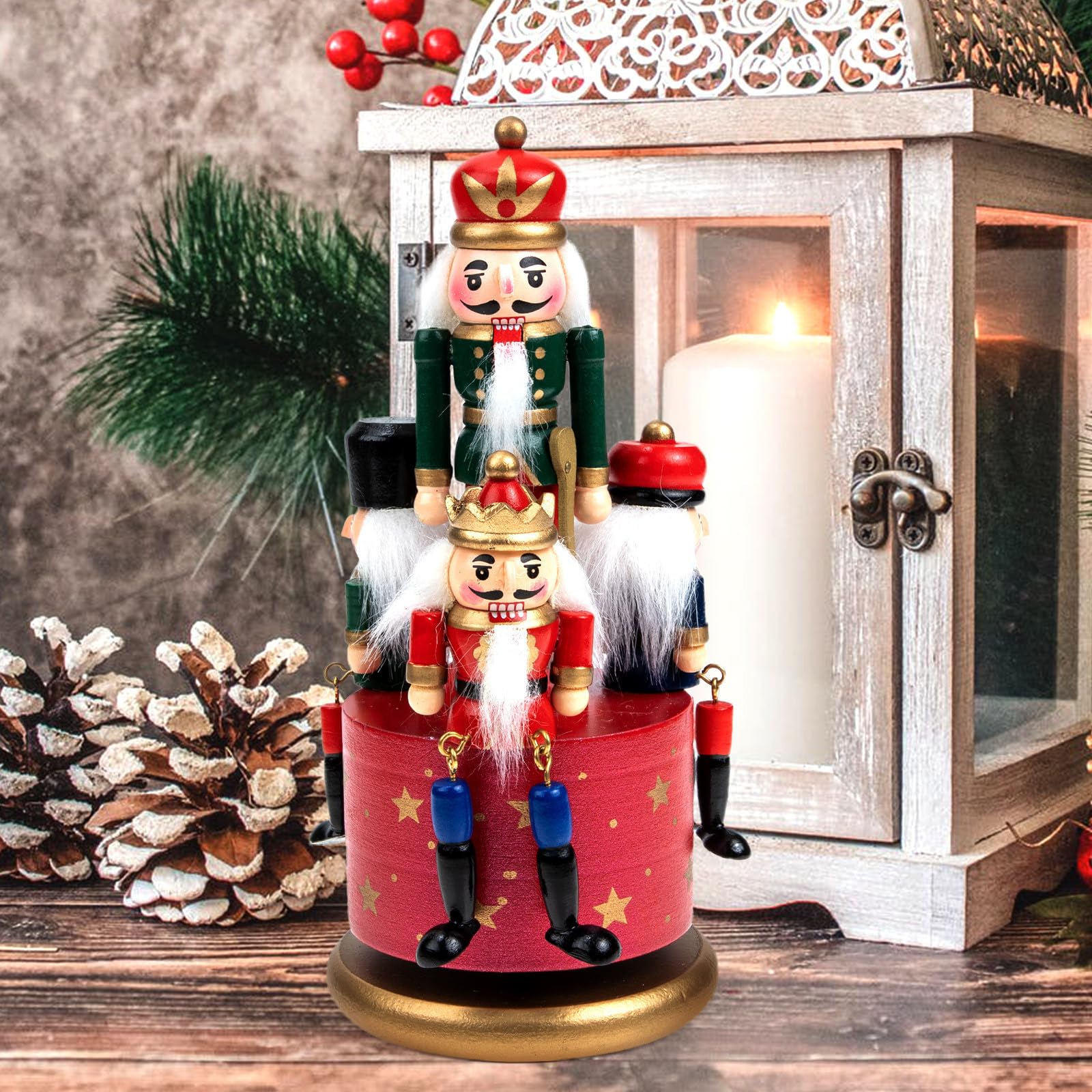 Caja de Música Giratoria de Madera Roja Diseño Navideño, Adorno Musical para Decoración de Mesas y Ambiente Festivo Hogar