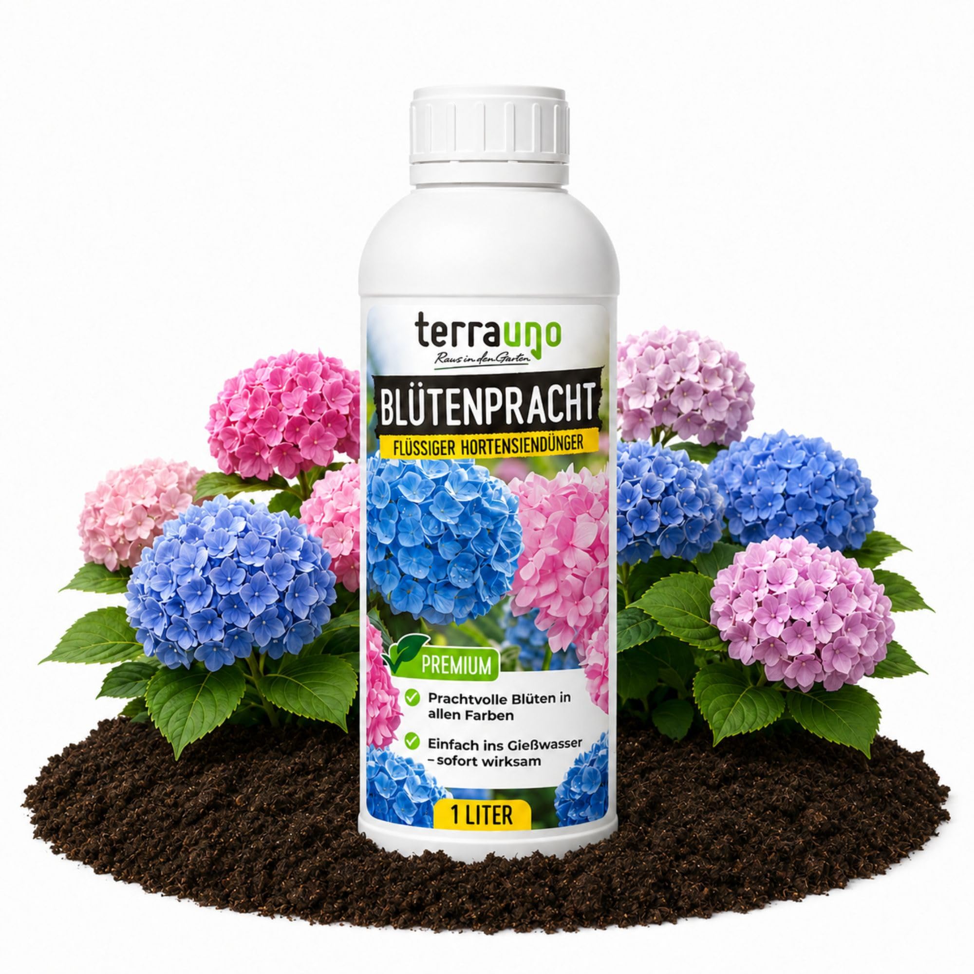 TerraUno Blütenpracht Hortensiendünger flüssig, Dünger für Hortensien, 1 L | Flüssigdünger für Hortensien & Azaleen mit extra Eisen, prachtvolle Blüten, für Bauern-, Rispen- und Kletterhortensien