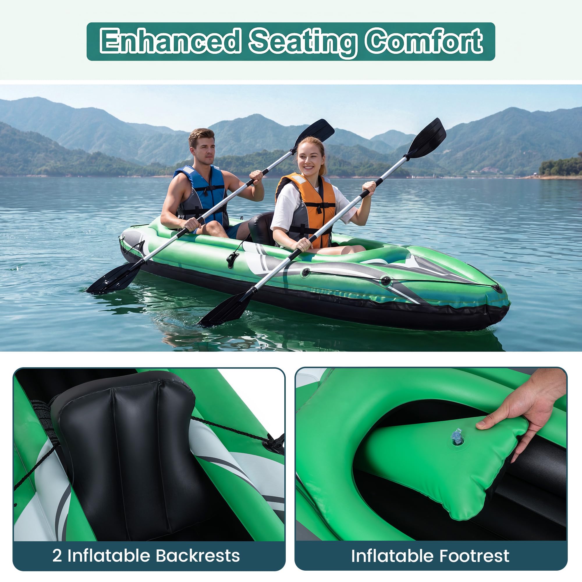 HOMASIS Kayak Hinchable 2 Plazas, para Pesca, Carga 160 kg﻿ | Piragua Hinchable con Remos de Aluminio, Respaldo y Reposapiés Hinchables y Bomba Manual, Kayak Inflable para 2 Personas